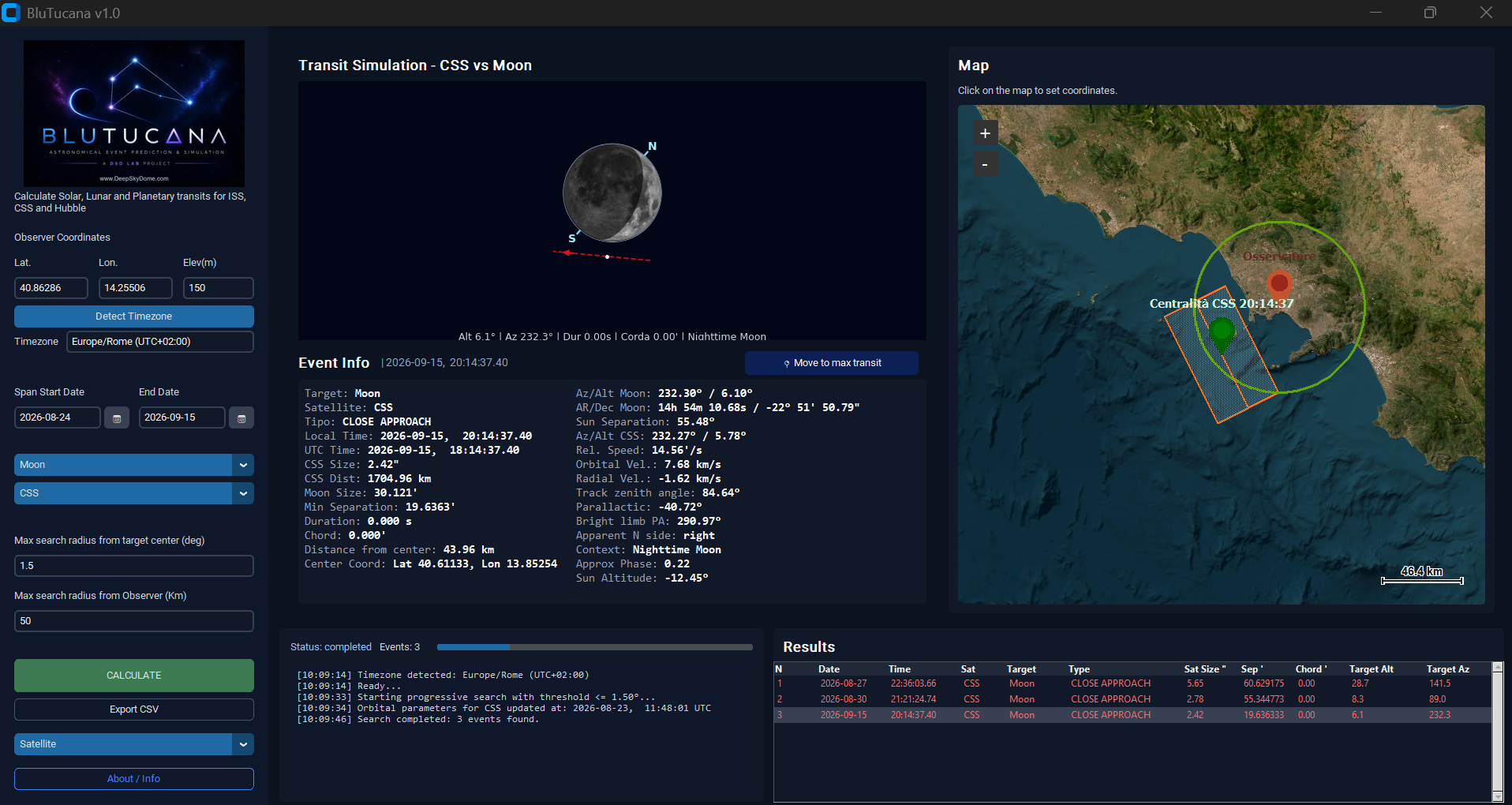 Lunar transit simulation of ISS and CSS using BluTucana astrophotography software.