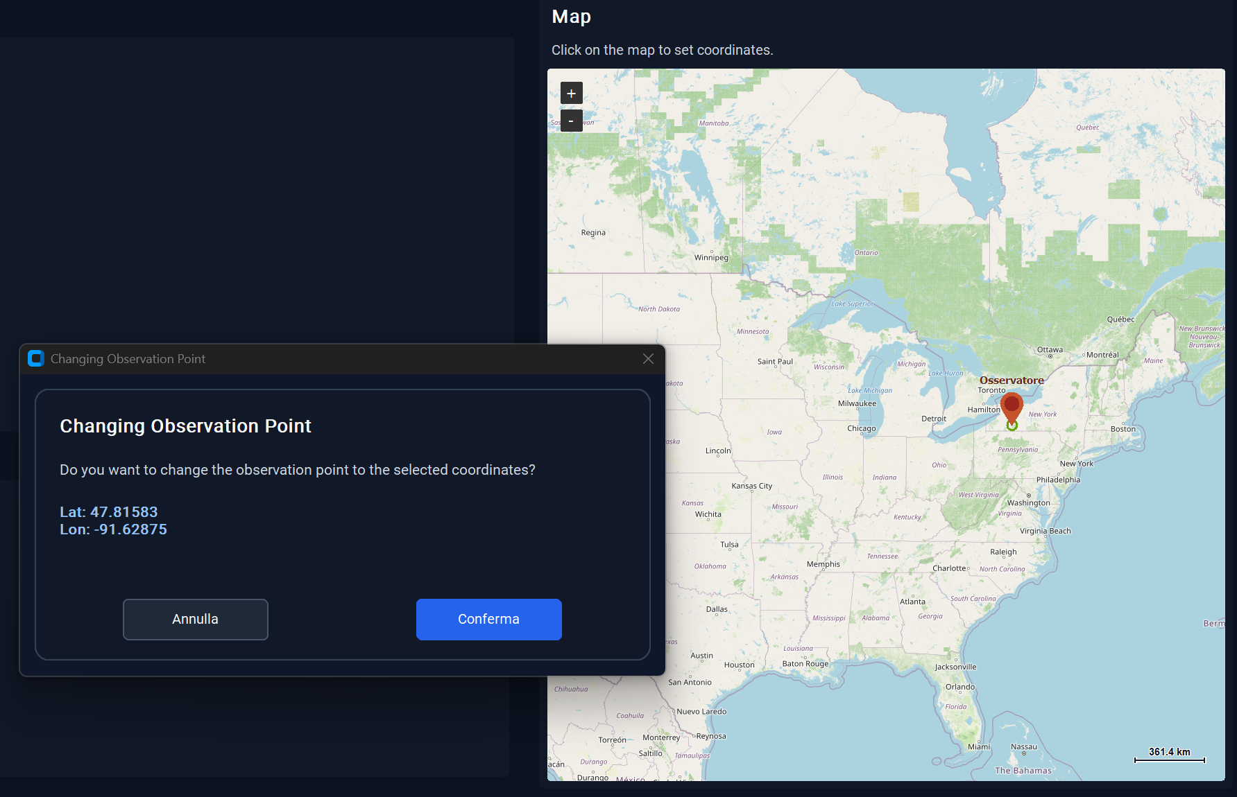 Interactive observer location map for orbital transit planning.