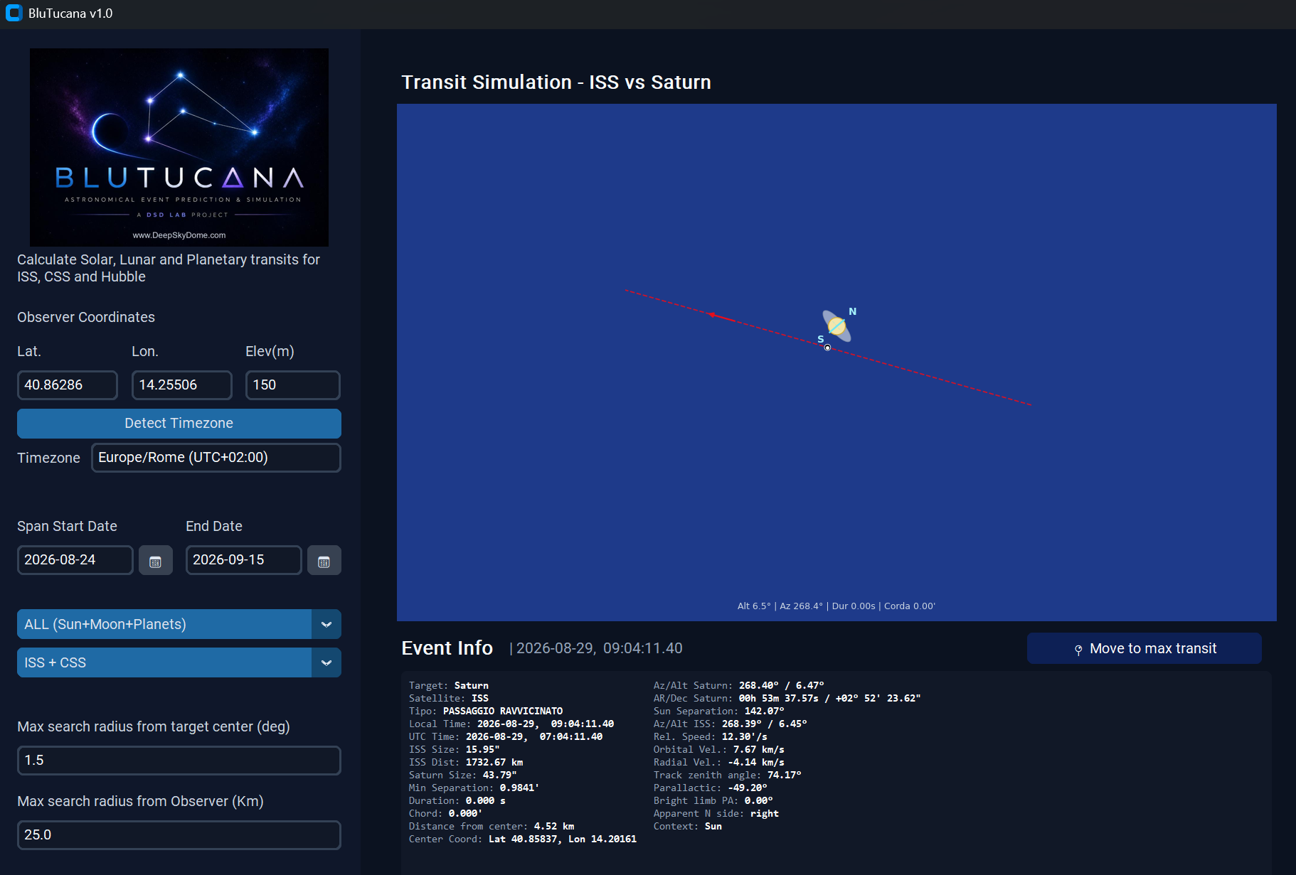 ISS crossing Saturn transit calculation and trajectory map on BluTucana.