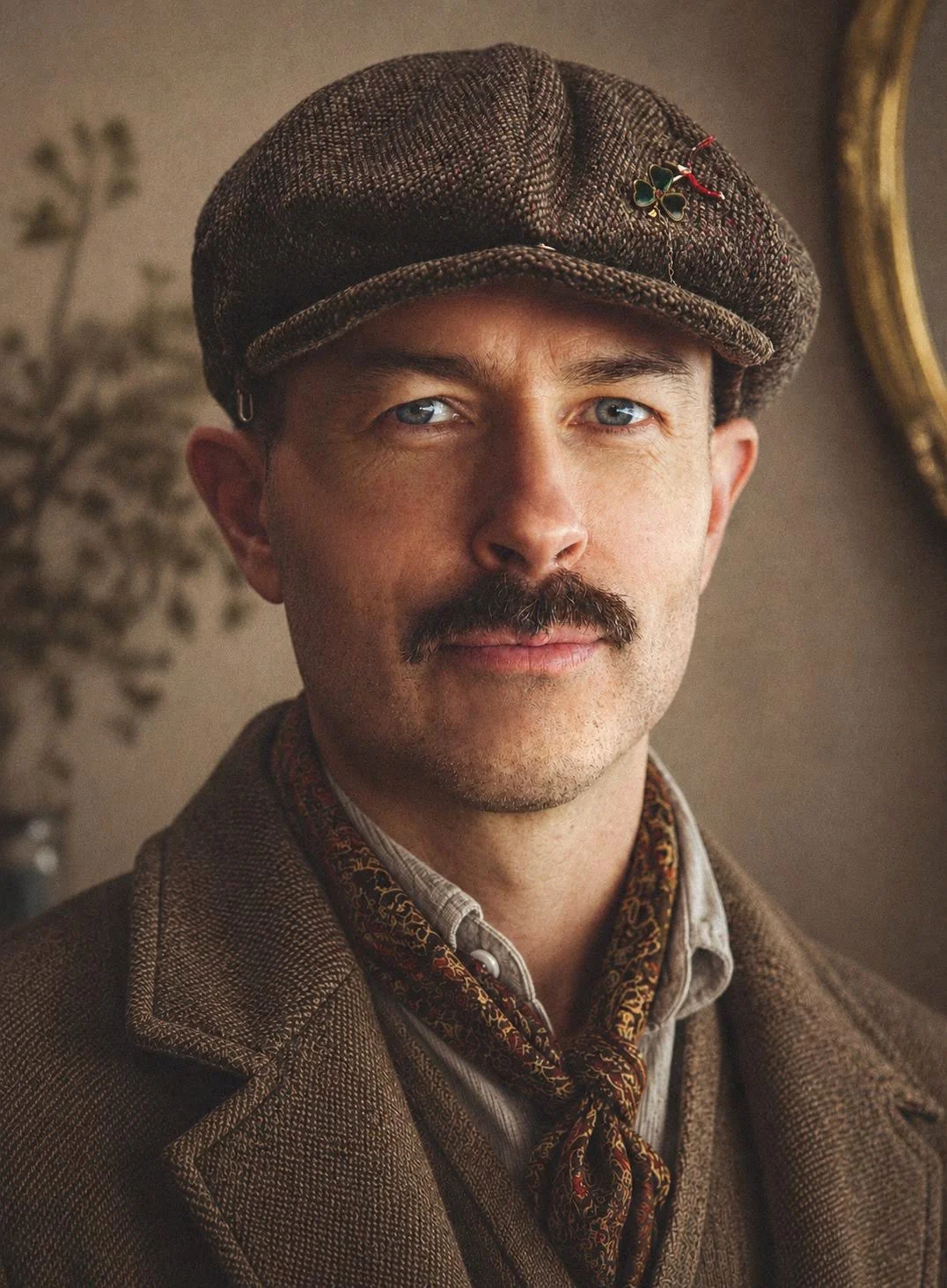 Close-up portrait of a man with light blue eyes, a mustache, wearing a brown tweed cap with a four-leaf clover pin, a brown suit jacket, a patterned scarf, and a collared shirt. In the background, there is a vintage mirror and some blurred decorative