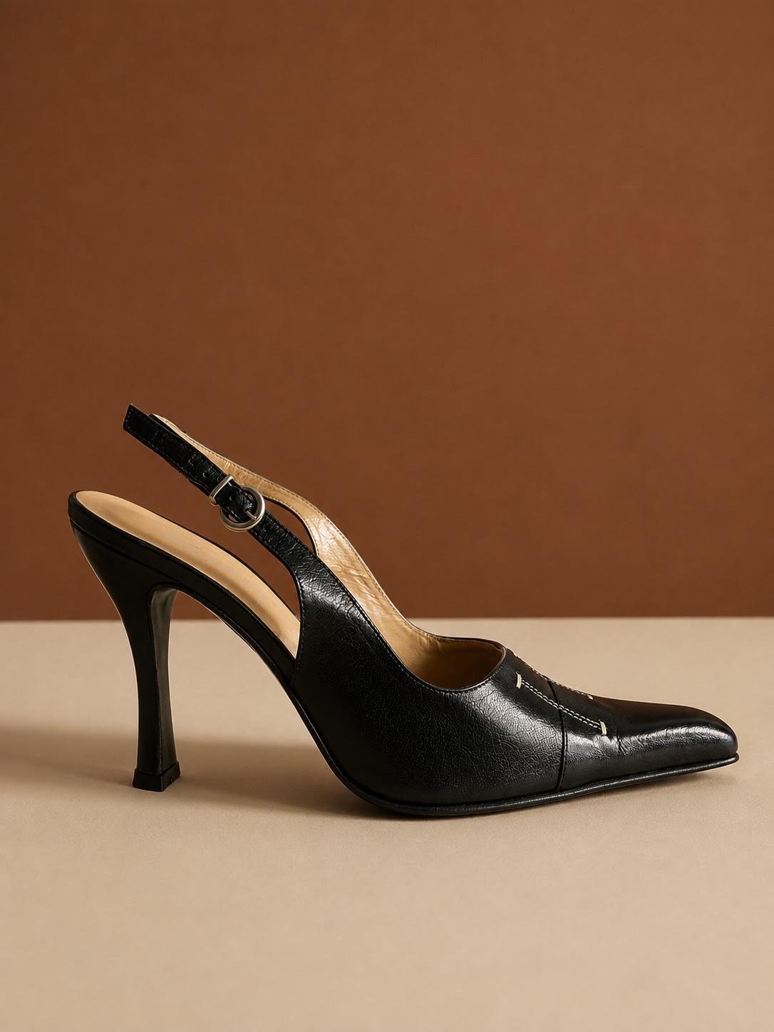 Patani Made in Italy Black Leather Slingback Heels