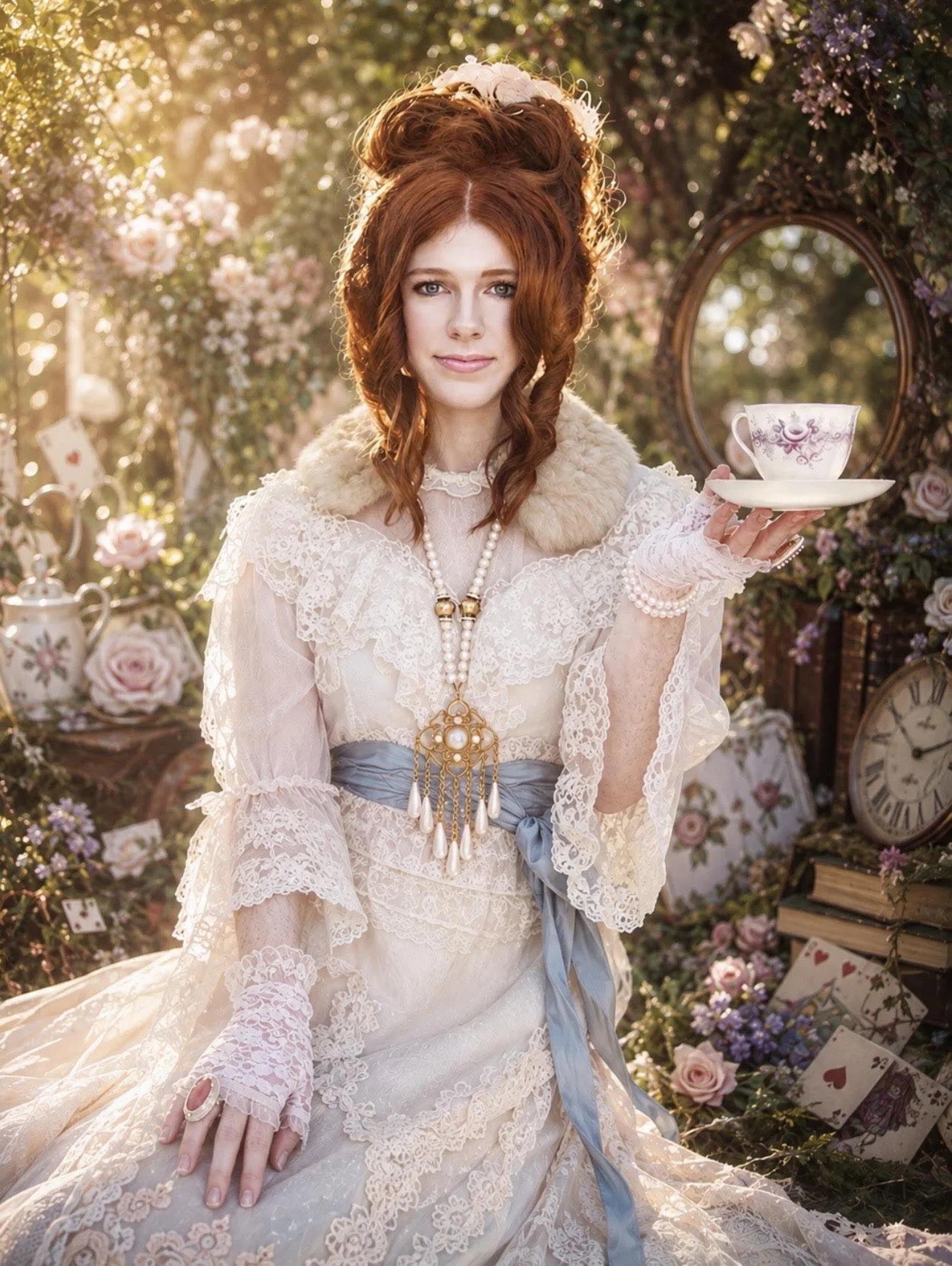 A woman with red hair dressed in vintage wedding attire, holding a teacup and saucer, surrounded by decorated flowers, playing cards, and antique clocks in a garden setting.