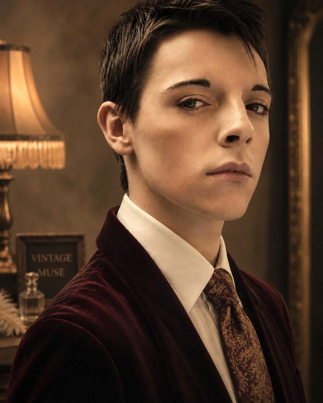 A young man with short dark hair and fair skin wearing a white shirt, a patterned tie, and a velvet jacket, standing indoors with a vintage-inspired background including a lamp and a framed sign that says 'VINTAGE MUSE'.