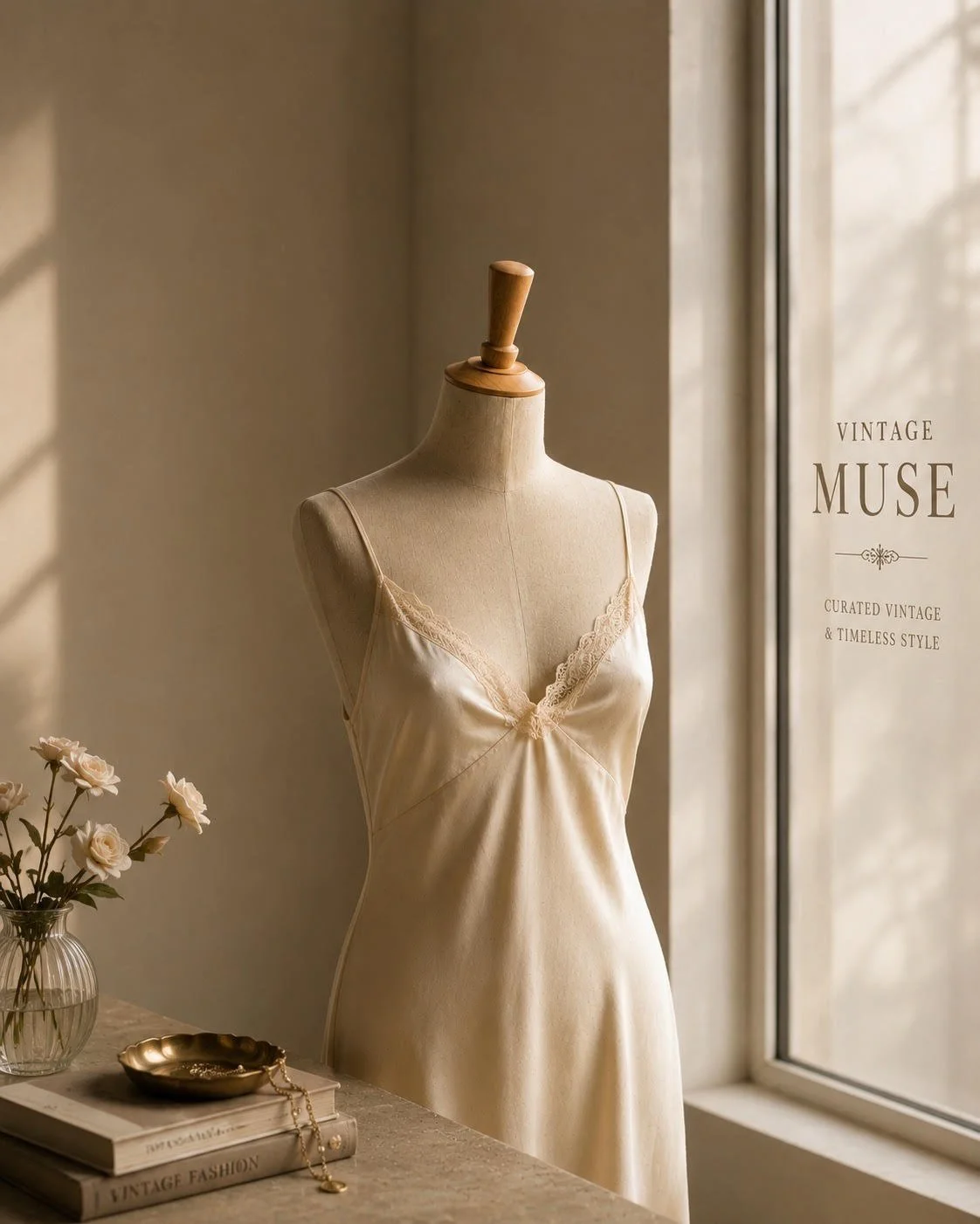 A vintage cream-colored satin slip dress with lace trim displayed on a mannequin next to a window. On the table below, there are books titled "VINTAGE FASHION" and "VINTAGE STYLE," a small vase with white roses, and a gold jewelry dish with a necklace. The scene has soft natural lighting.