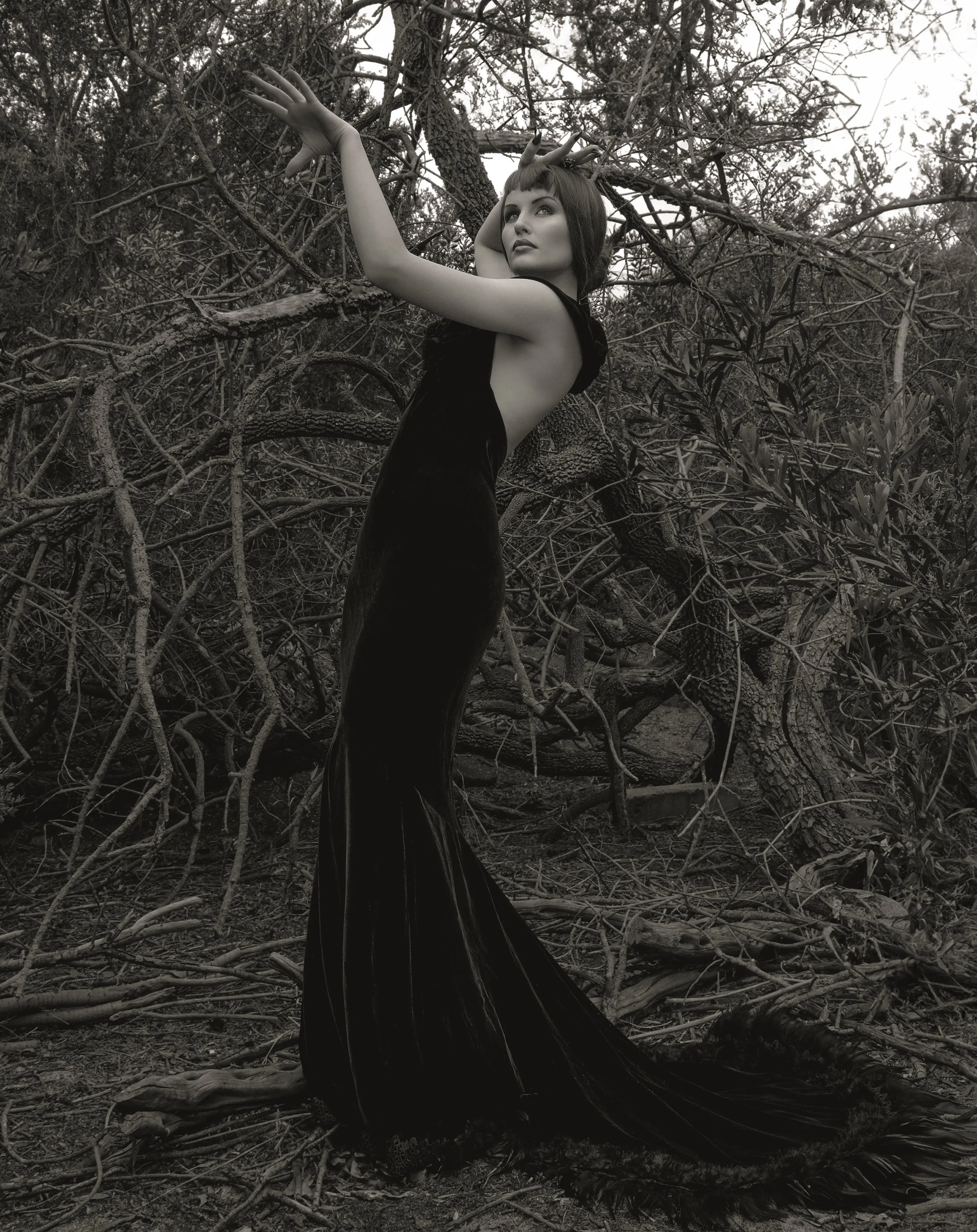 A woman with dark hair and makeup wearing a shiny black dress, standing amidst tangled tree branches outdoors in black and white.
