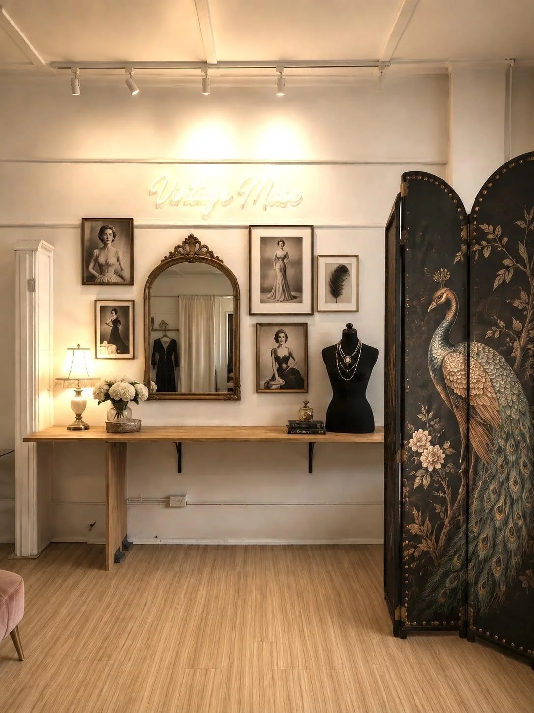 Vintage-inspired space with framed black and white photos, a mirror, a black mannequin with layered necklaces, a wooden table with a lamp and flowers, and a decorative folding screen with peacock design, soft lighting, and light wood flooring.