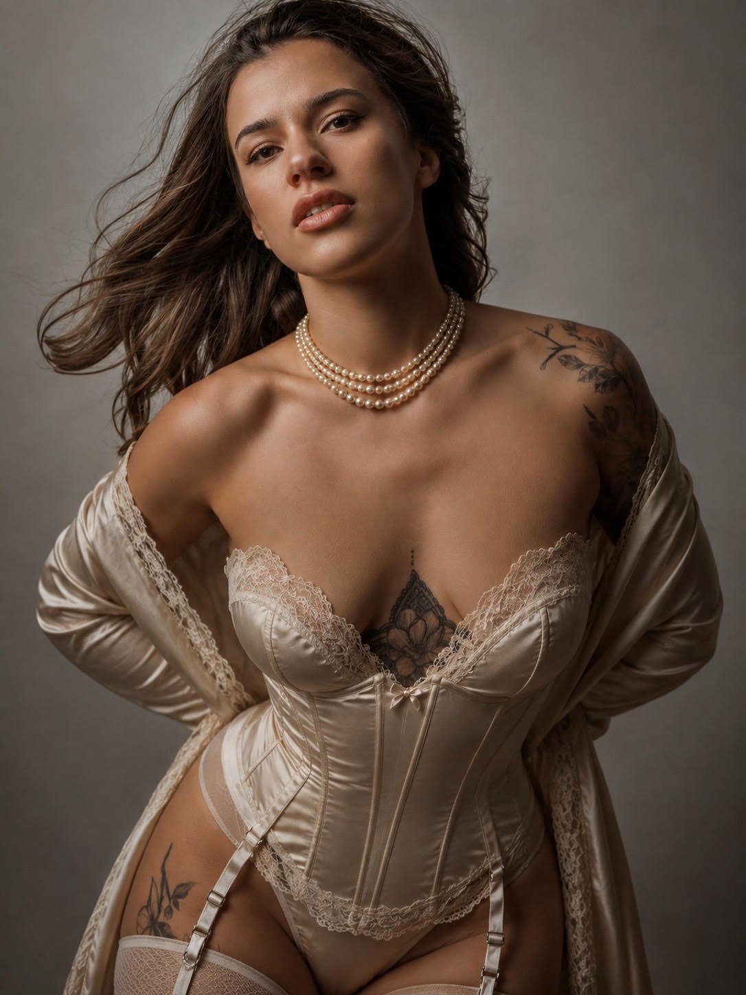 A woman with long wavy brown hair wearing pearl necklaces, a satin corset with lace details, thigh-high stockings, and garter straps, with tattoos visible on her shoulder and thigh, standing against a neutral background.