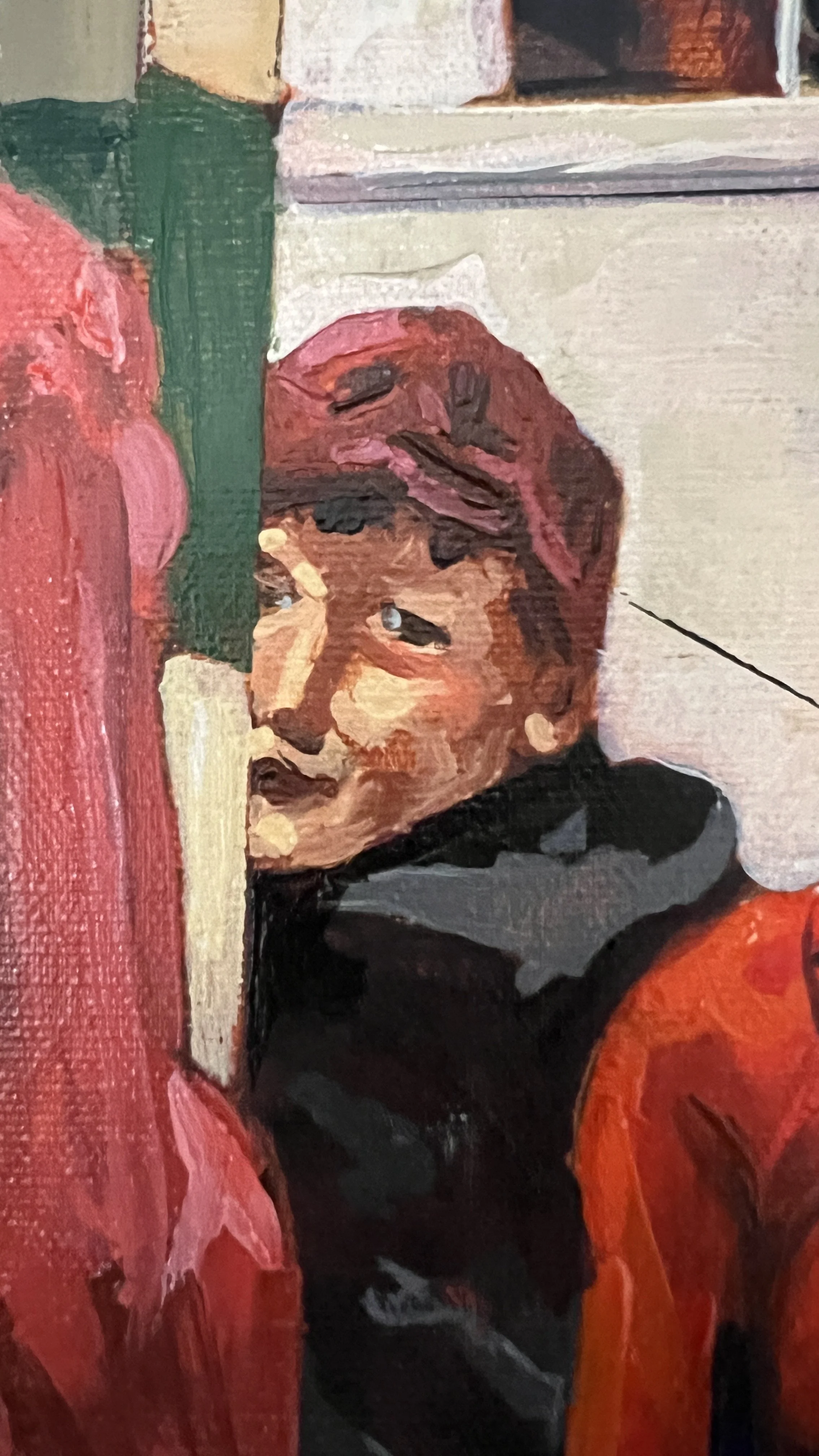 Detail from Sgt Pepper Joins the Party showing the little boy peering around a pillar, smiling at the approaching Sgt Pepper