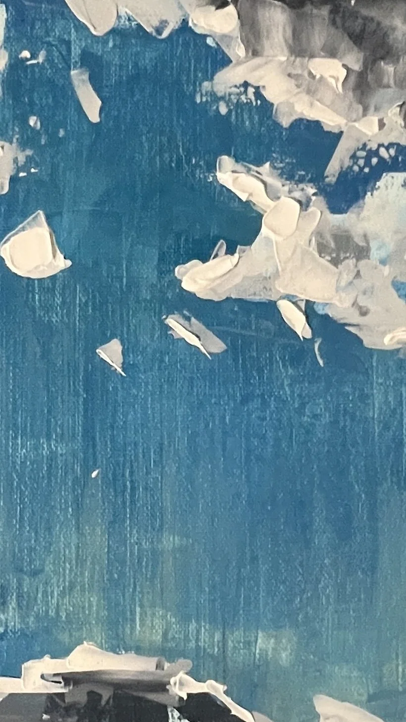 Close up detail showing layered oil paint, built and scraped vertically repeatedly from yellows and greens through to blues. 