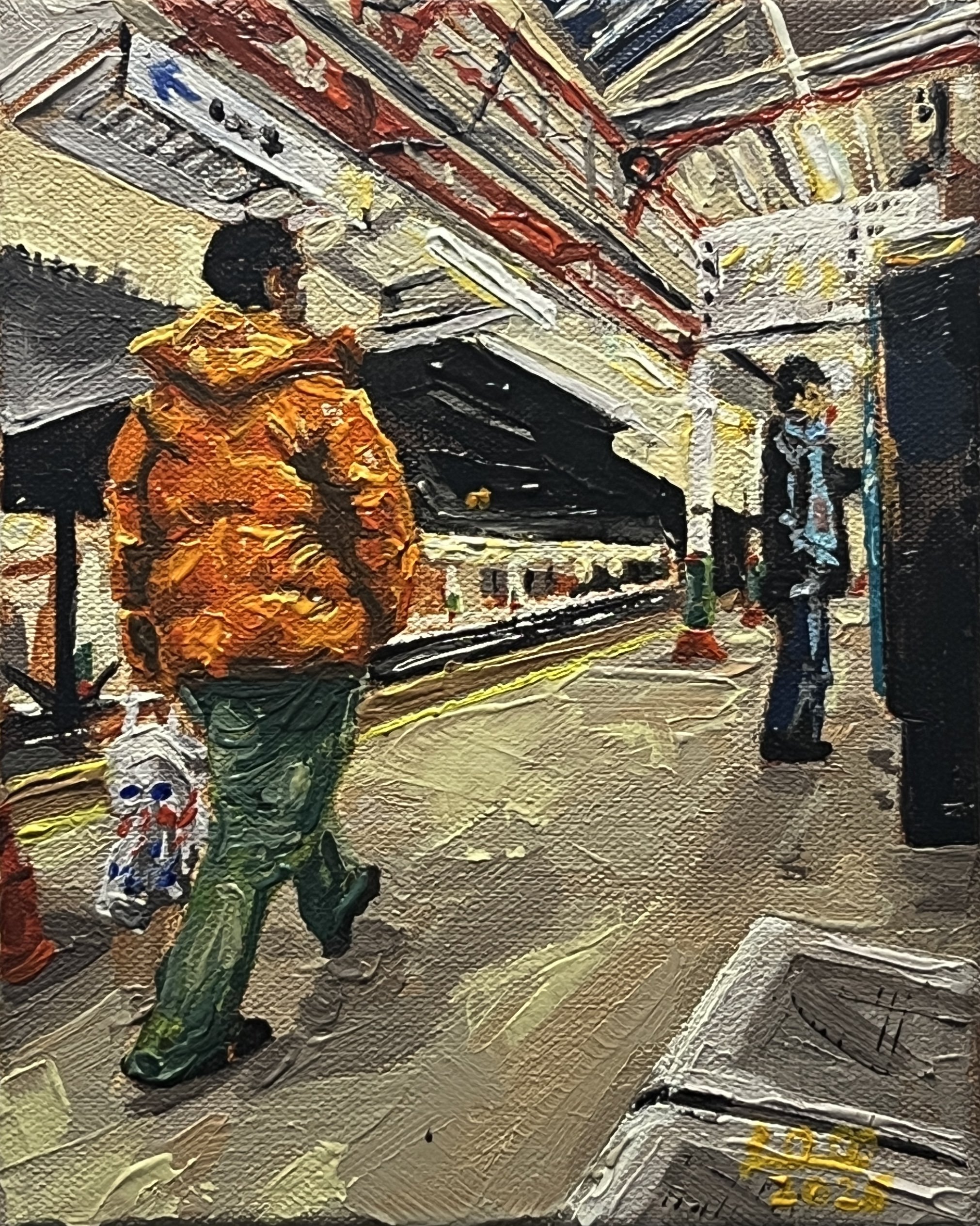 Oil painting depicting people on Platform 3 at Lancaster railway station. A winters night a man wearing a bright orange puffa jacket walks down the brightly lit platform carrying a Tescos bag. Another person is at the vending machine.