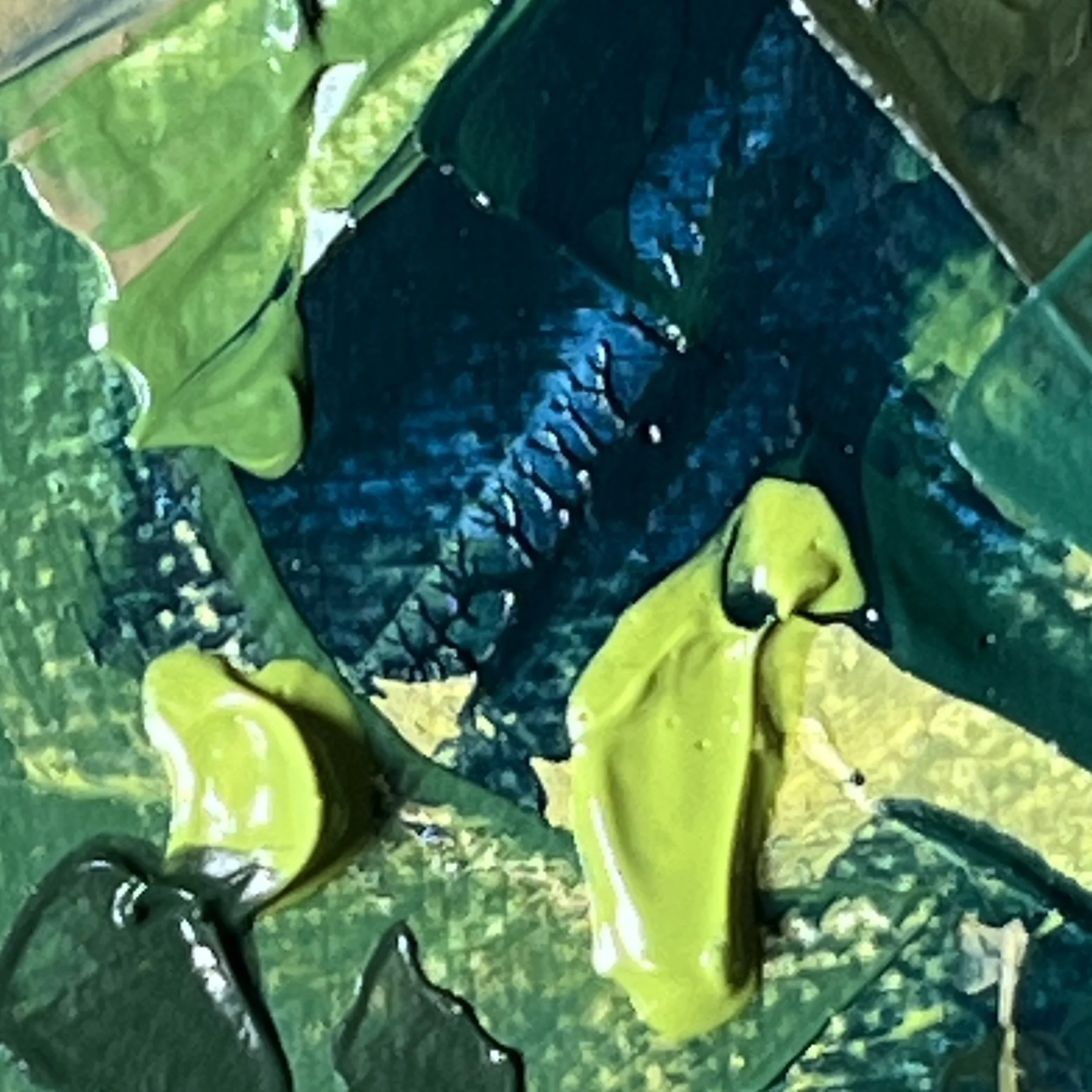 Close up detail of layered and textured green and blue oils. Part of the trees from Outbound Skip on Moor Lane, Lancaster.