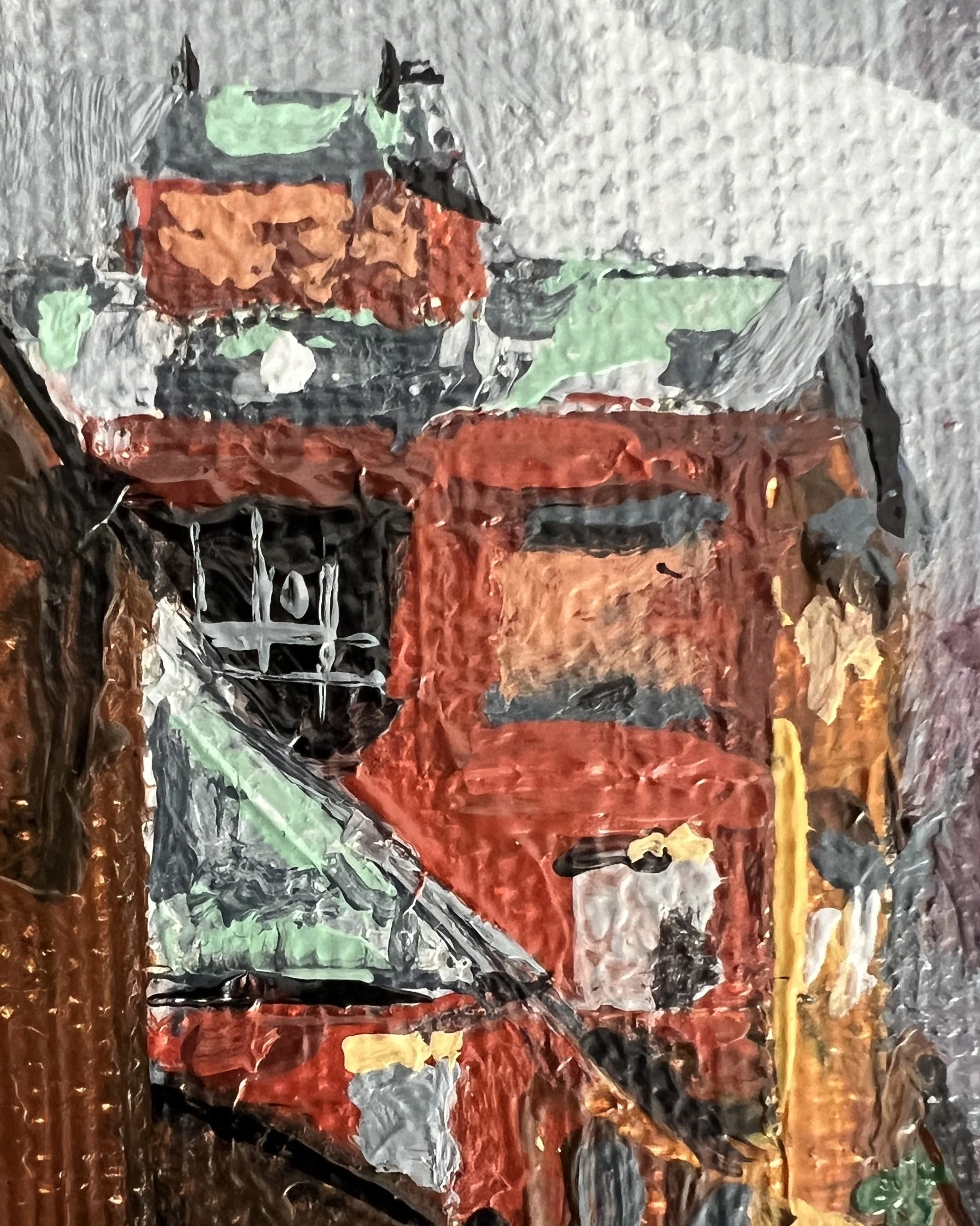 Close up detail from oil painting of a abandoned brewery on Brewery Lane, Lancaster showing red brick and green slate roof
