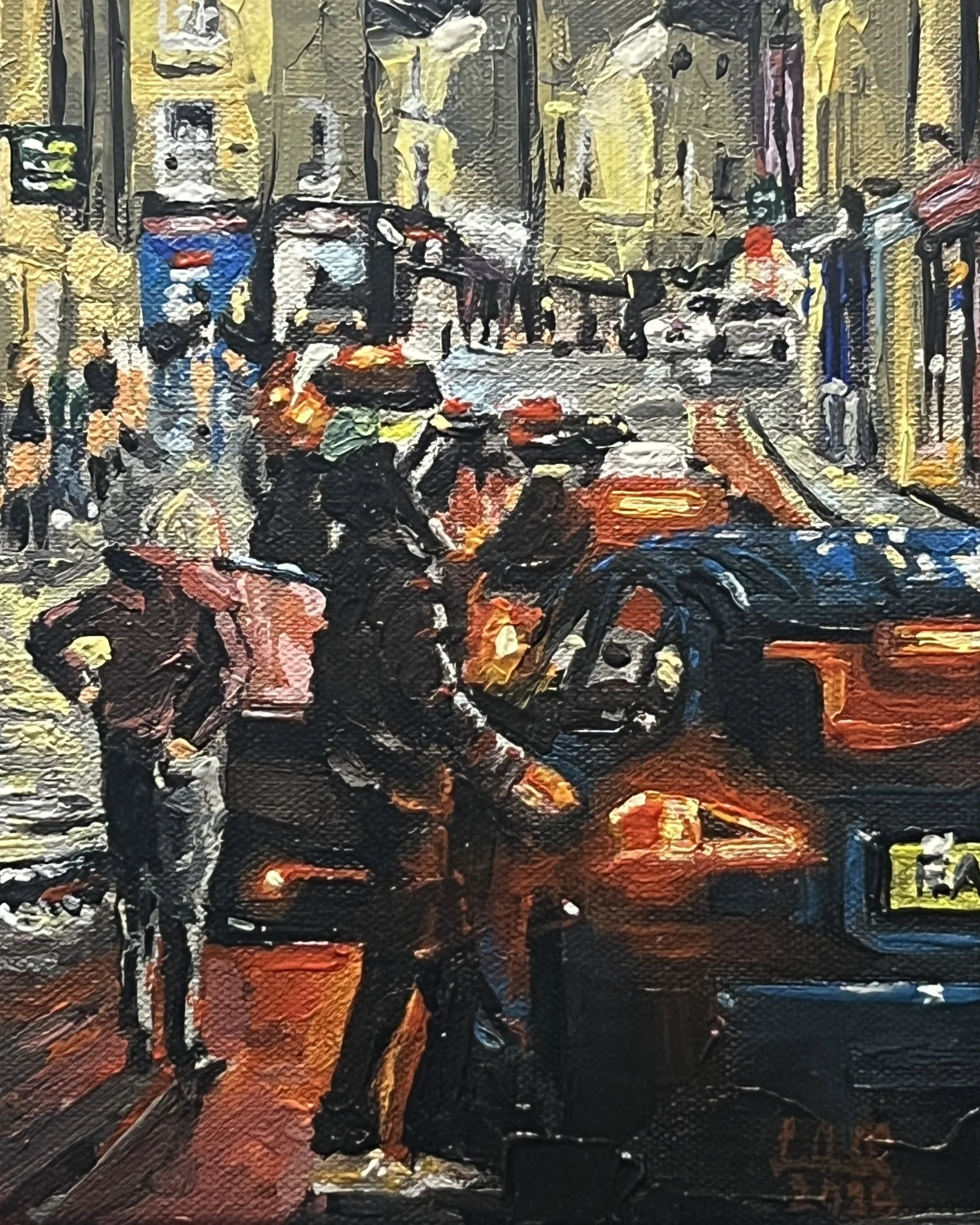 Oil painting depicting a late Saturday night at the taxi rank. Bright red tail lights and lit up streets. Closing time with movement along Lower Church Street, Lancaster.