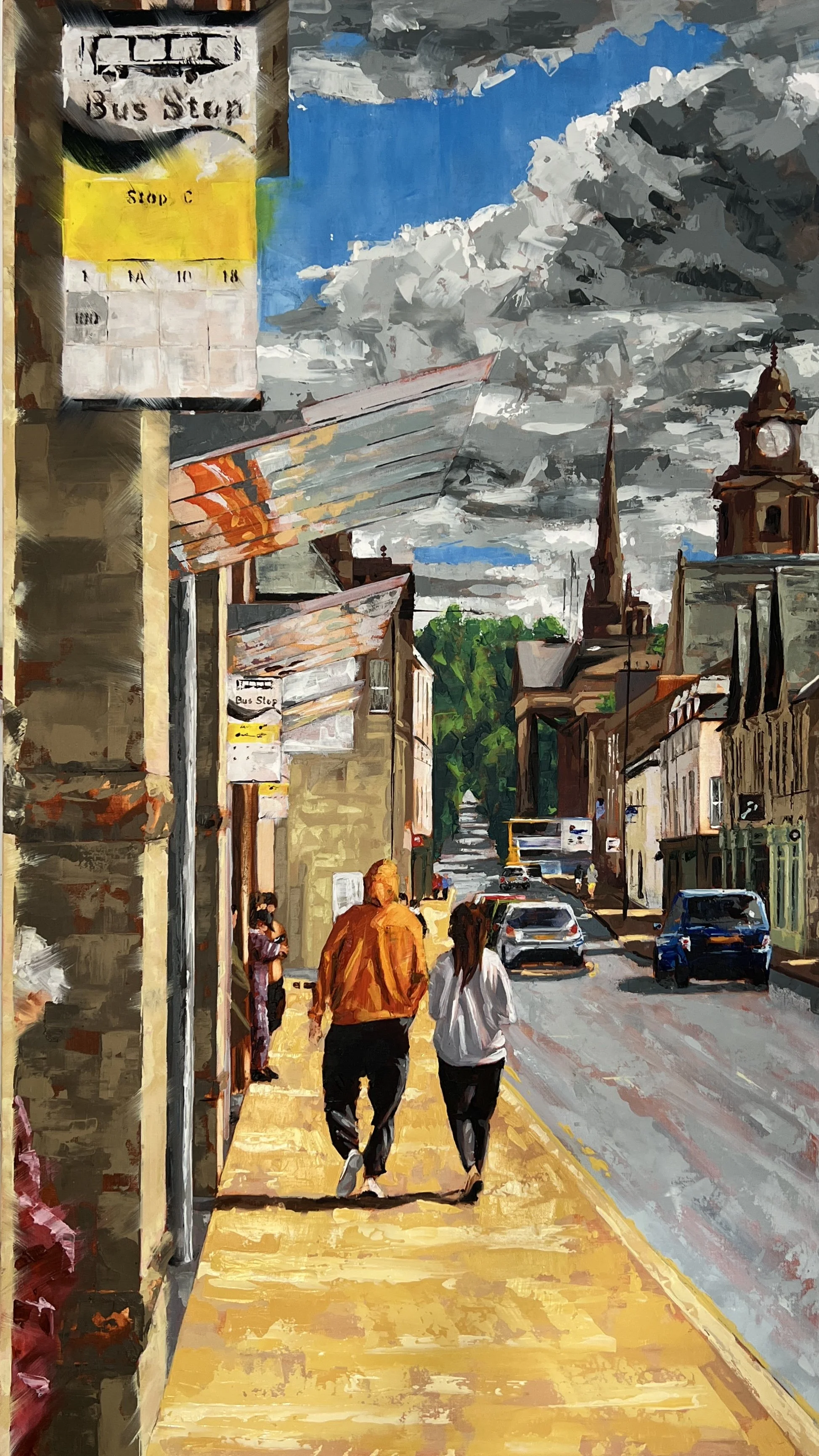 Oil painting showing people waiting for the bus in the alcoves of Stop C. A couple are passing, reflected in the glass bus stop canopy above. Traffic is moving by, with the town hall in the distance.