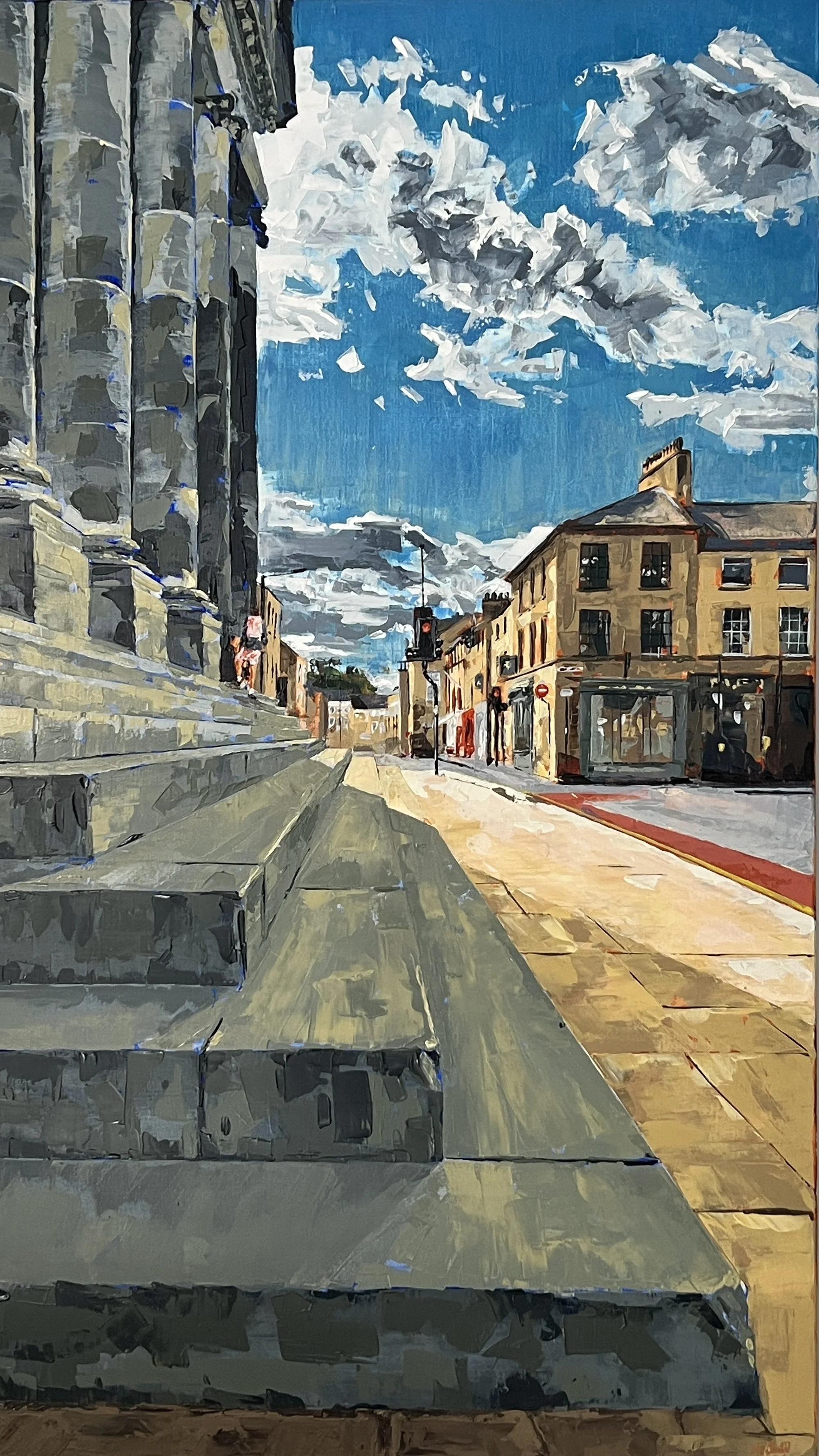 Oil painting of people on the Lancaster town hall steps with Brock Street, in the distance, beneath a bright blue evening sky. Shadows cut across the steps and Dalton Square