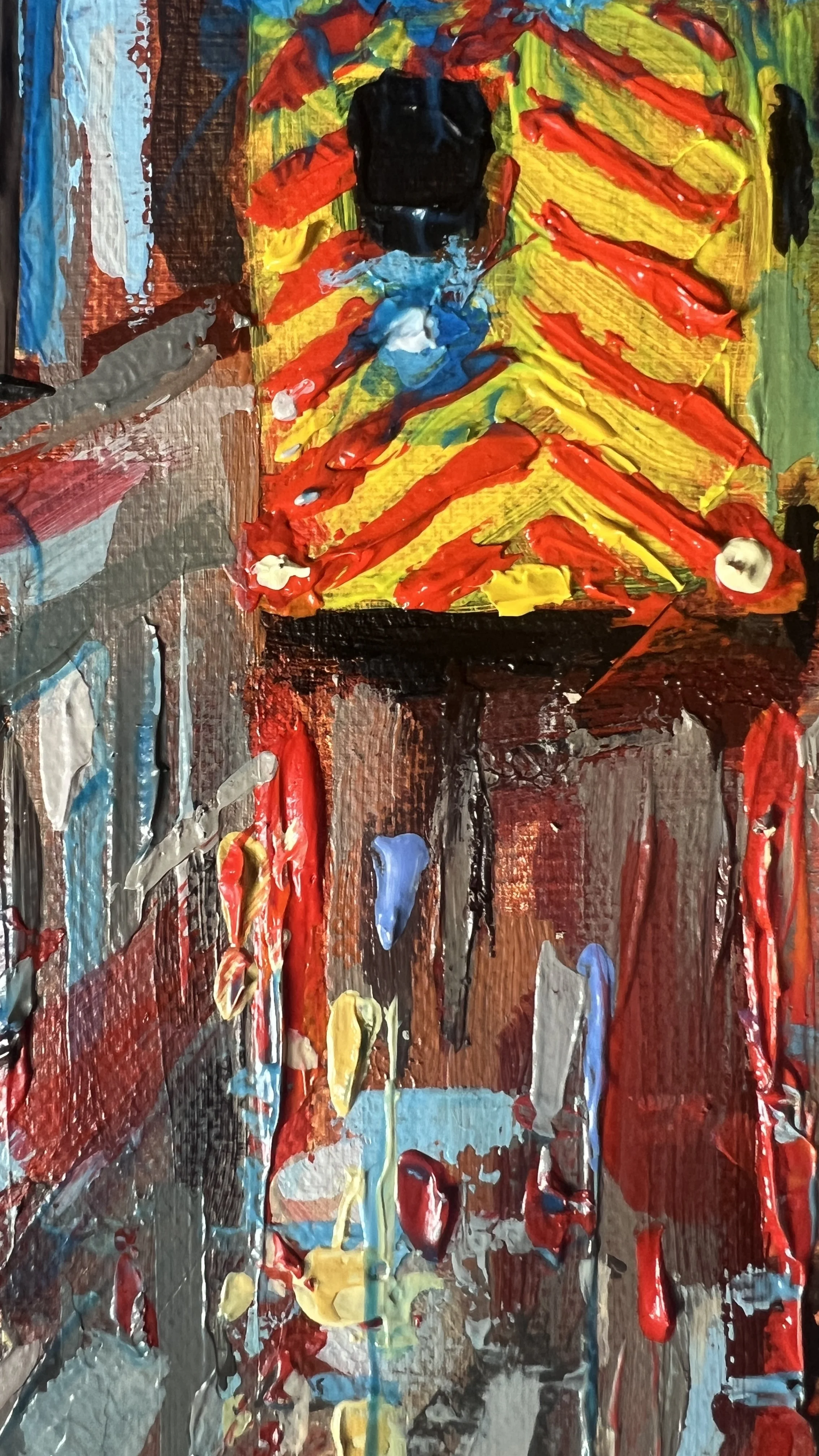 Close up detail of the back of the ambulance with layers of oil paint, dragged, scraped and built to reveal reflections of light on the wet limestone of Market Square, Lancaster.