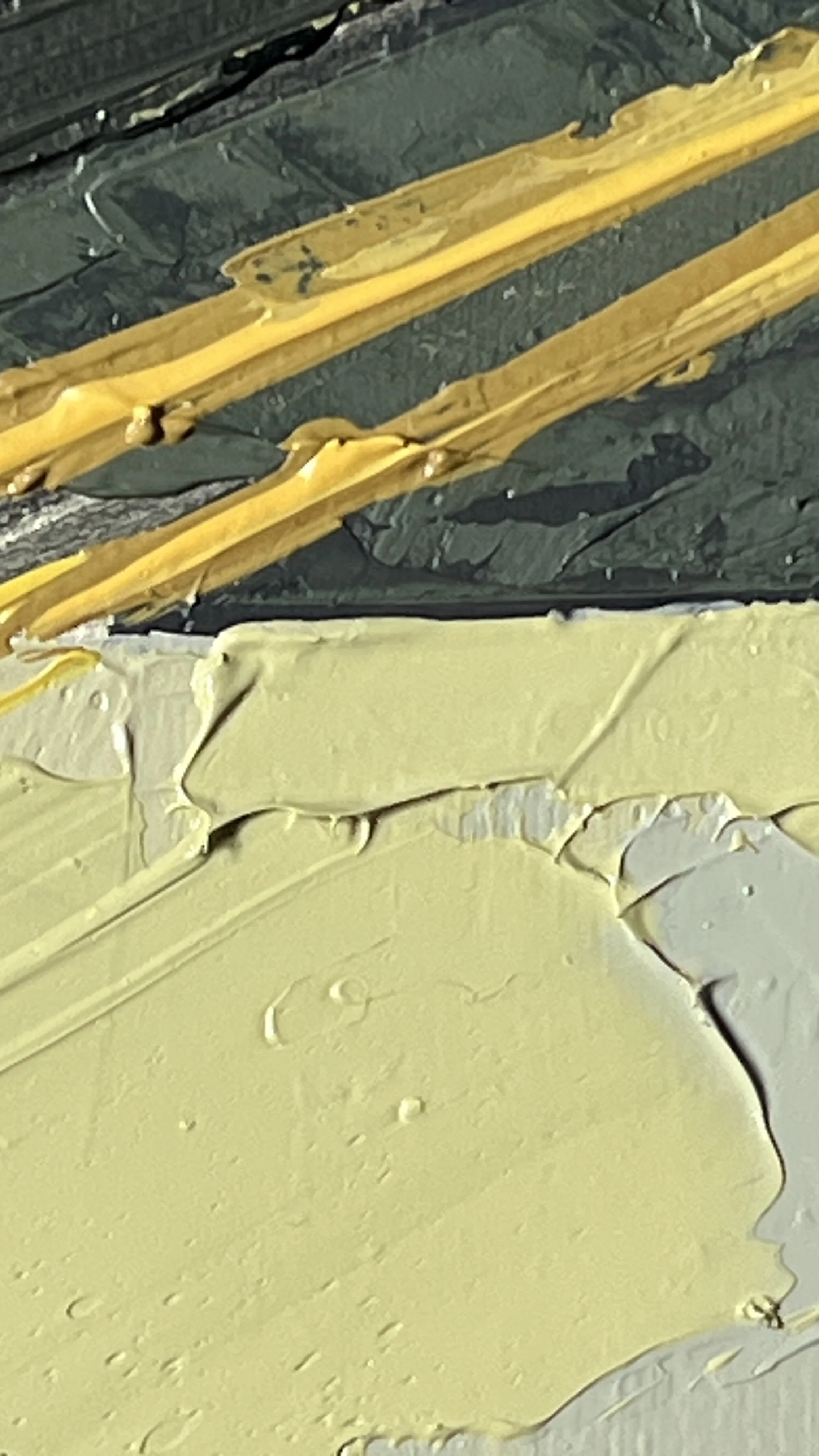 Close up detail from Outbound Skip showing sharpe contrast between light and shadow on the road edge. Layered, textured oil paint with palette knife work.