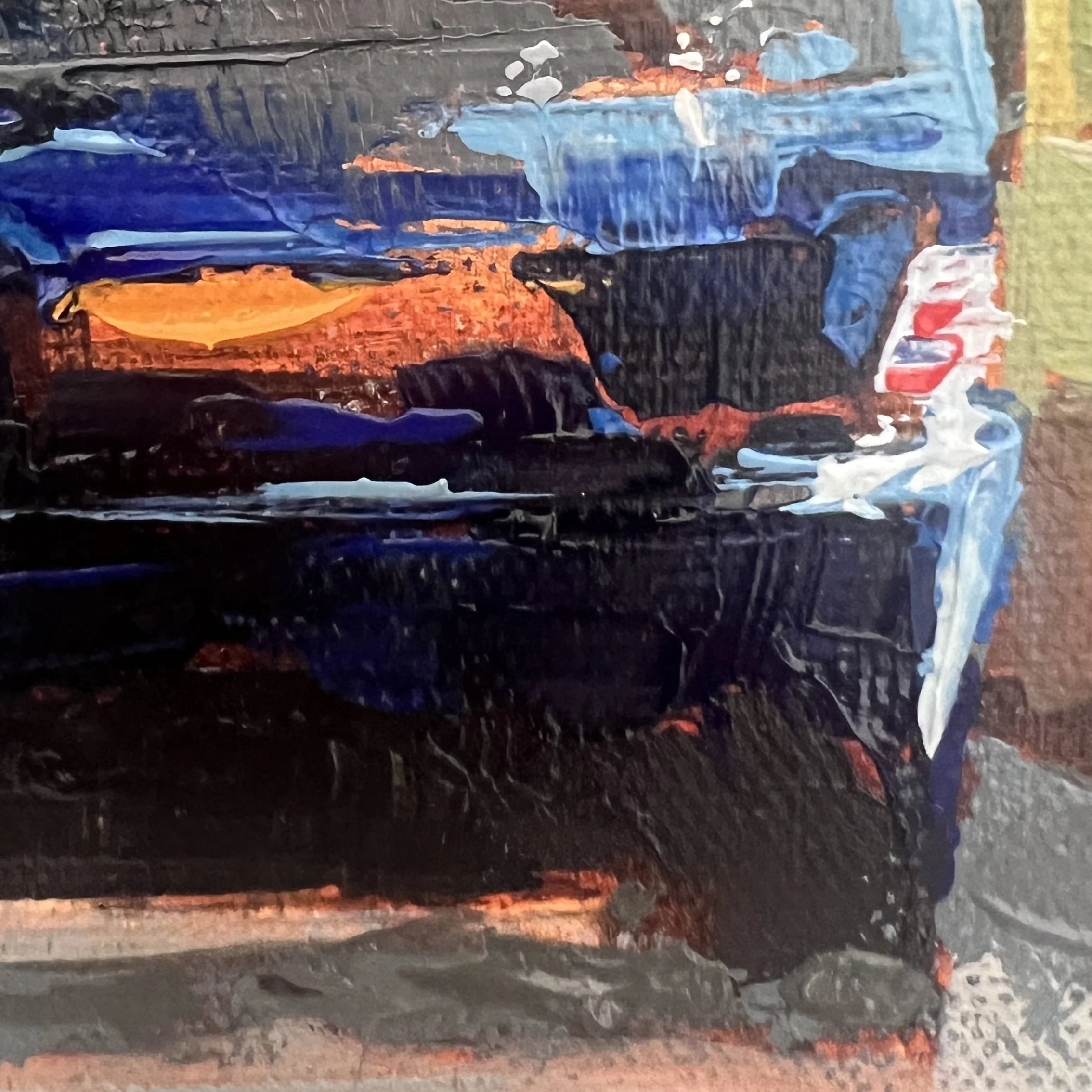 Detail of the rear of a blue passing car. Worked with palette knife in an impressionistic style.