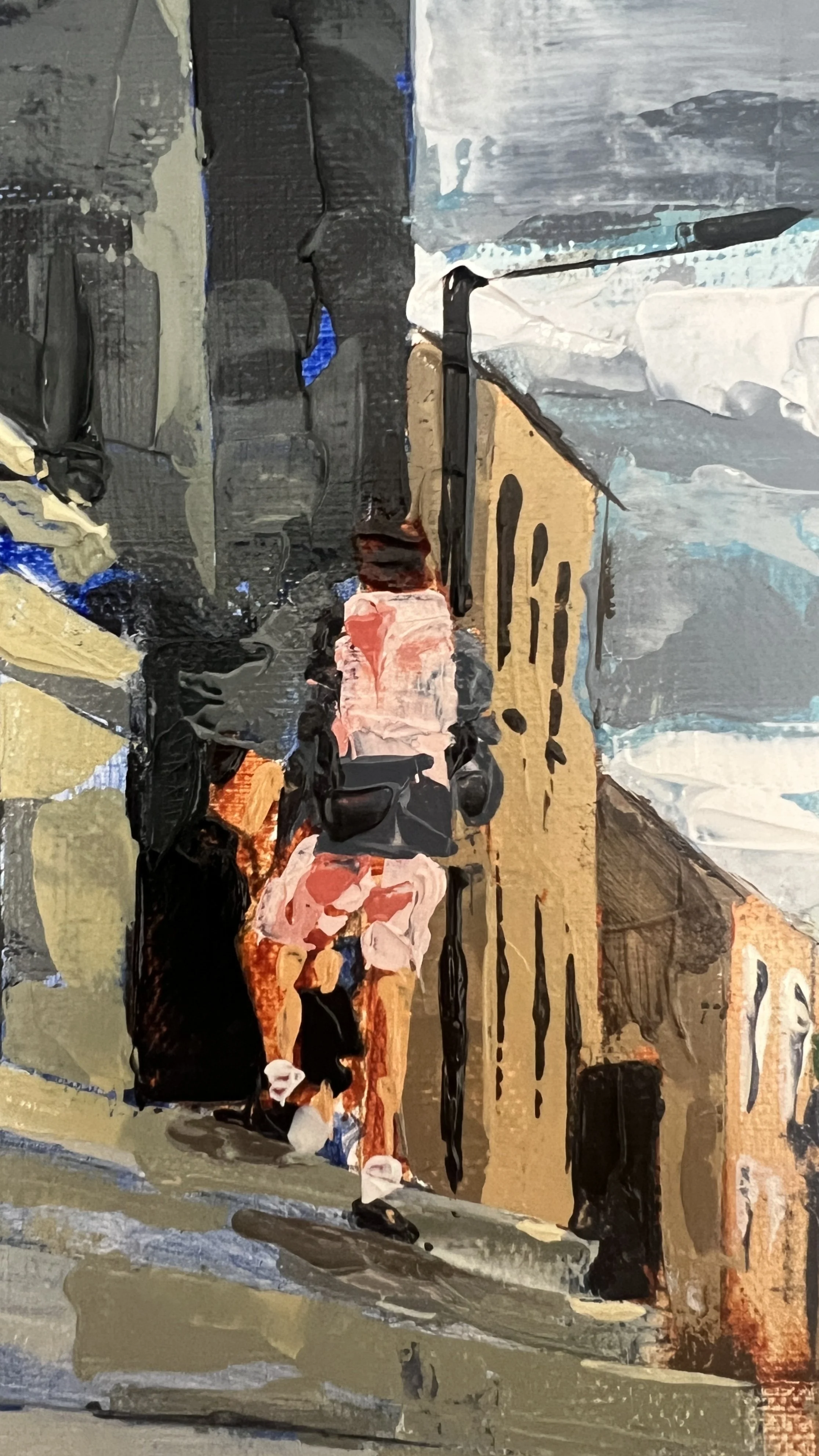 Close up oil paint detail showing the couple in discourse on the Lancaster town hall steps. Him standing, one leg up on the step, wearing a matching pink trackie shorts and top, her, sat on the top step looking distant.