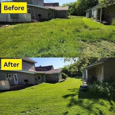 Comparison of backyard before and after landscaping, showing a patchy, overgrown yard in the first image and a neatly mowed, lush lawn in the second.