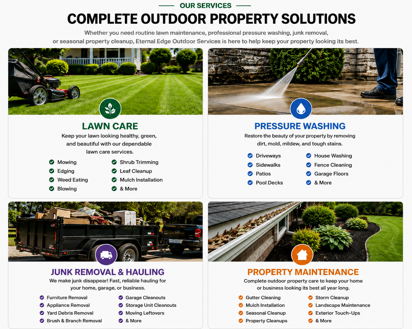 A flyer advertising outdoor property services, divided into four sections: lawn care with a green theme, pressure washing with a blue theme, junk removal and hauling with a purple theme, and property maintenance with an orange theme. Each section includes a relevant icon, a heading, a brief description, and a list of services with checkmarks.