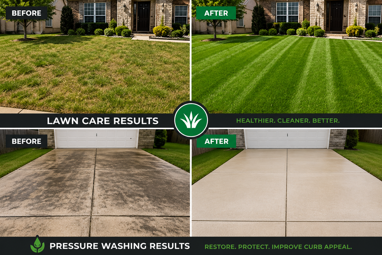 Side-by-side comparison of front yard and driveway before and after lawn care and pressure washing. The lawn is more lush and green in the after image, and the driveway is cleaner and lighter in the after image. Text overlays include 'Before' and 'After', 'Lawn Care Results', 'Pressure Washing Results', and slogans promoting lawn care and pressure washing services.