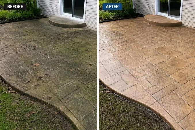 Comparison of a dirty, mossy concrete patio before and a clean, stained concrete patio after cleaning and sealing, with a curved edge and a small step near a sliding door.