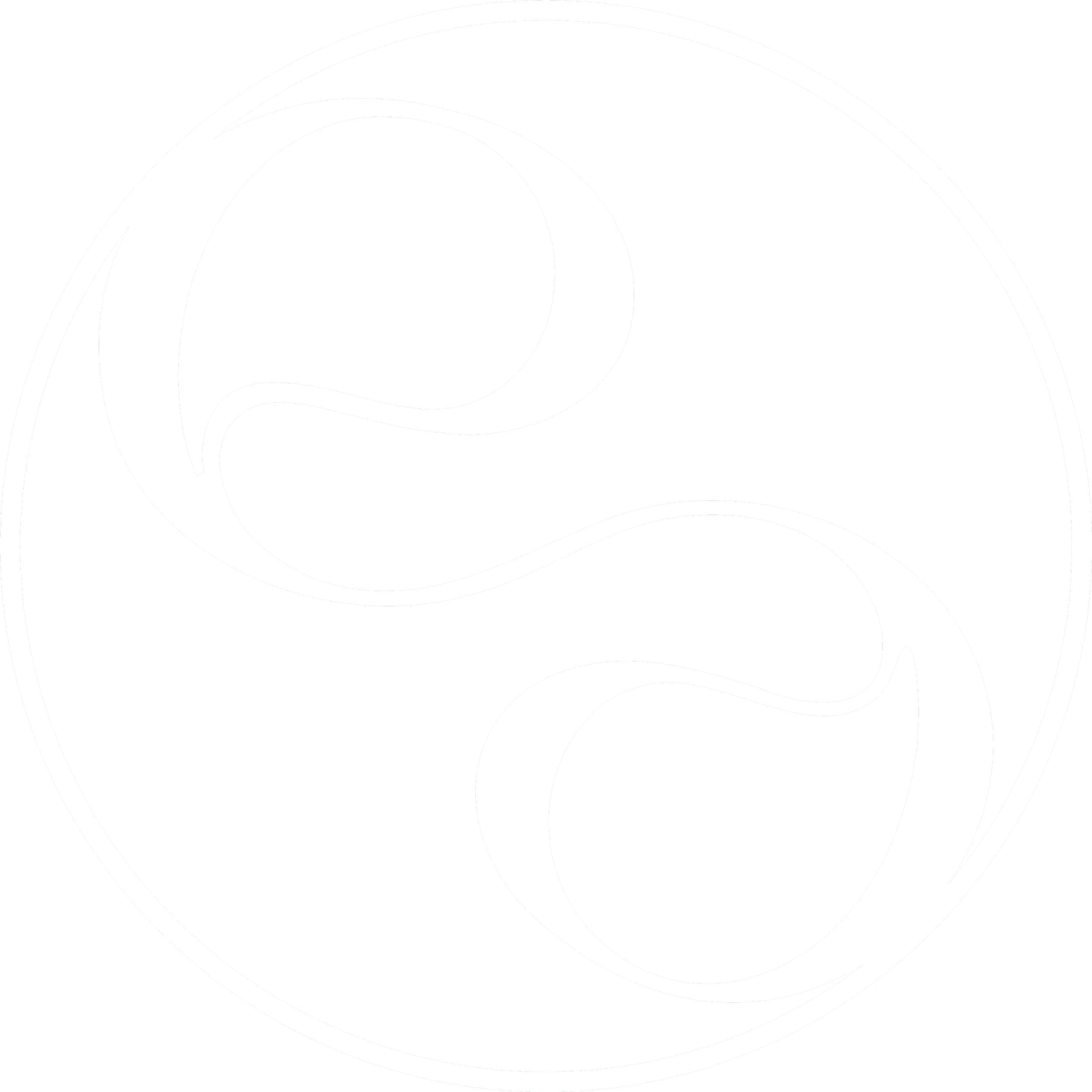 Black background with a white abstract, swirling line drawing resembling a stylized eye or spiral.