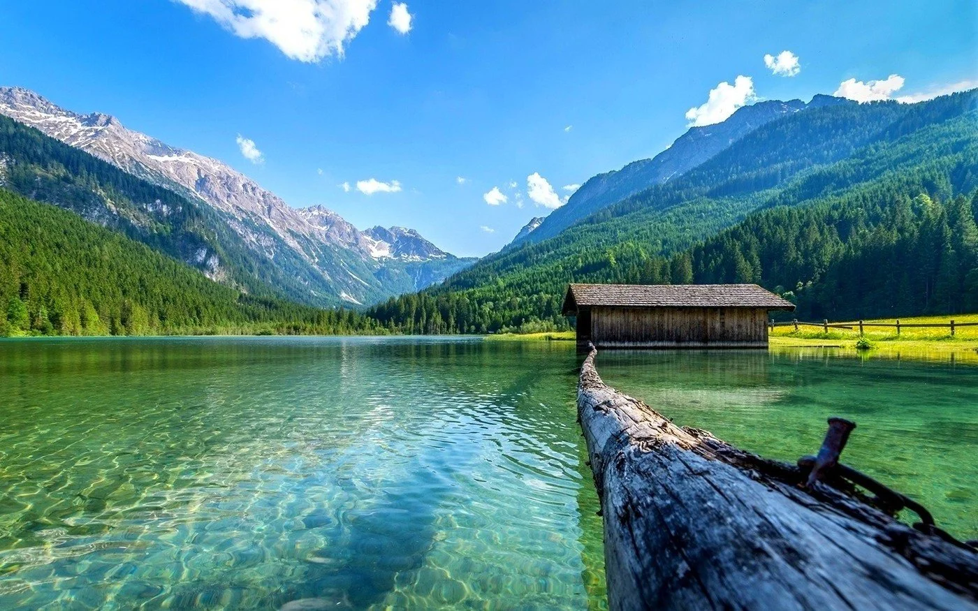 Ein ruhiger See mit klarem Wasser, umgeben von grünen Bergen und einer kleinen Holzhütte. Im Vordergrund ein umgestürzter Baumstamm im Wasser, im Hintergrund eine bewölkte blaue Himmelszukunft.