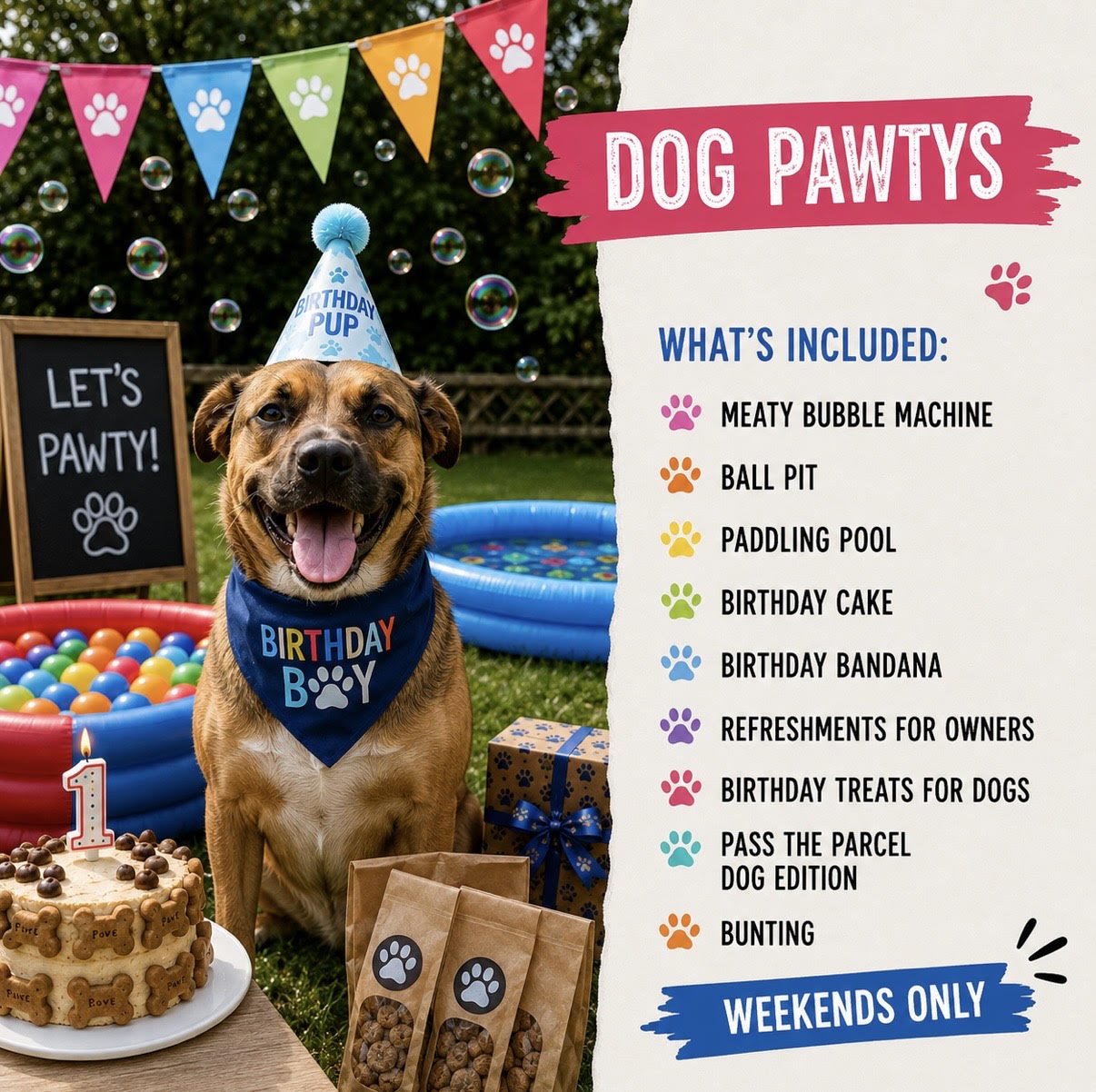 A dog wearing a birthday hat and bandana celebrating at a backyard birthday party with balloons, a cake, and a list of dog-friendly activities.