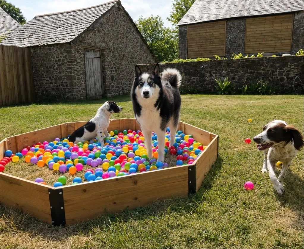 Three dogs playing in a backyard, one Husky standing in a sandbox filled with colorful plastic balls, two smaller dogs running outside the sandbox, with green grass, a stone building, and a wooden shed in the background in a secure dog garden.