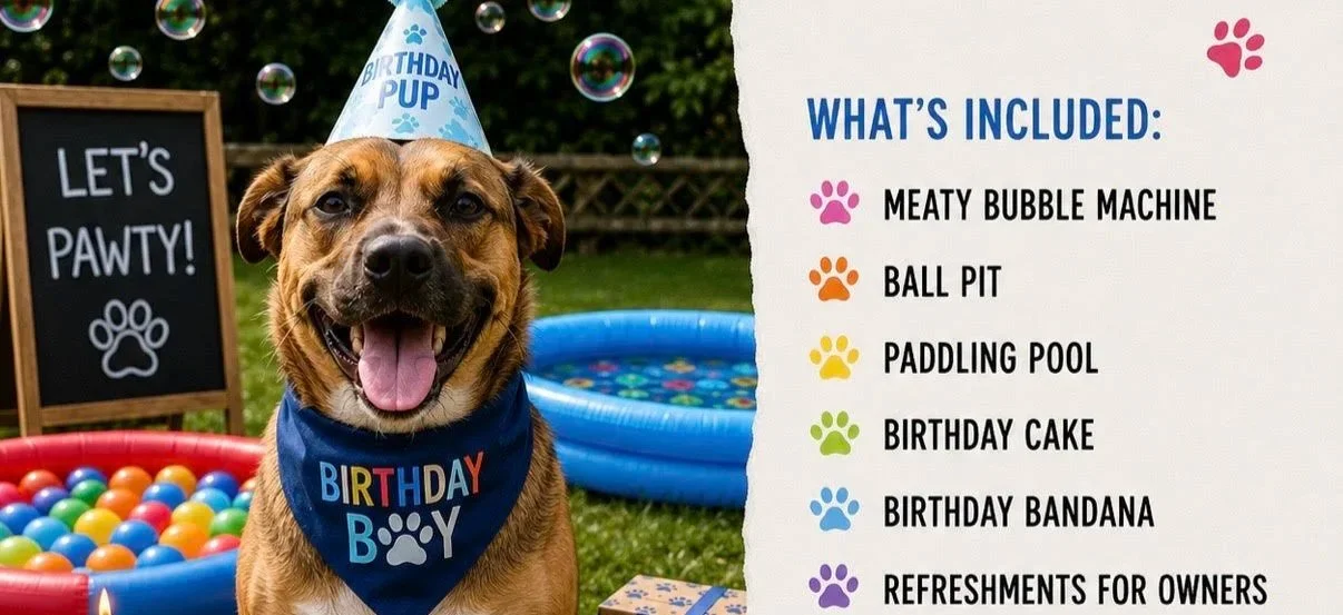 A happy dog at Parnacott paws wearing a birthday bandana and a birthday hat at a dog birthday party with colorful toys and a sign that says 'Let's Pawty!'.