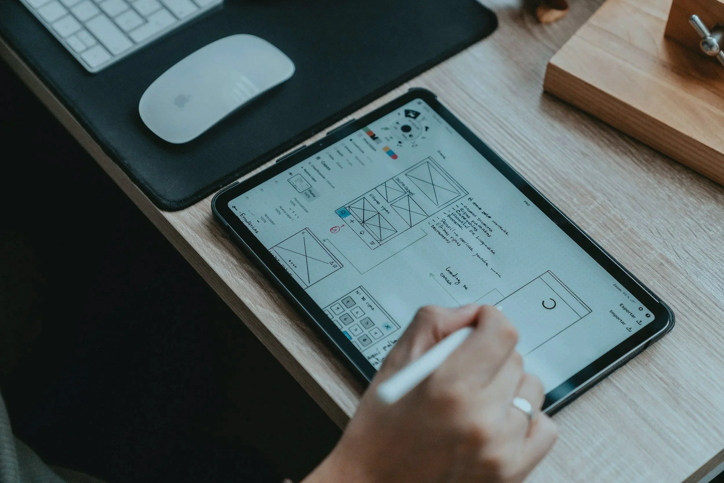 Die Aufnahme zeigt eine Hand, die auf einem Tablet mit gezeichneten Design-Entwürfen und Skizzen arbeitet, während auf einem Tisch in der Nähe eine Computer-Maus und eine Tastatur liegen.