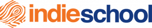 Indie School logo with an orange abstract emblem and “indie” in orange followed by “school” in blue