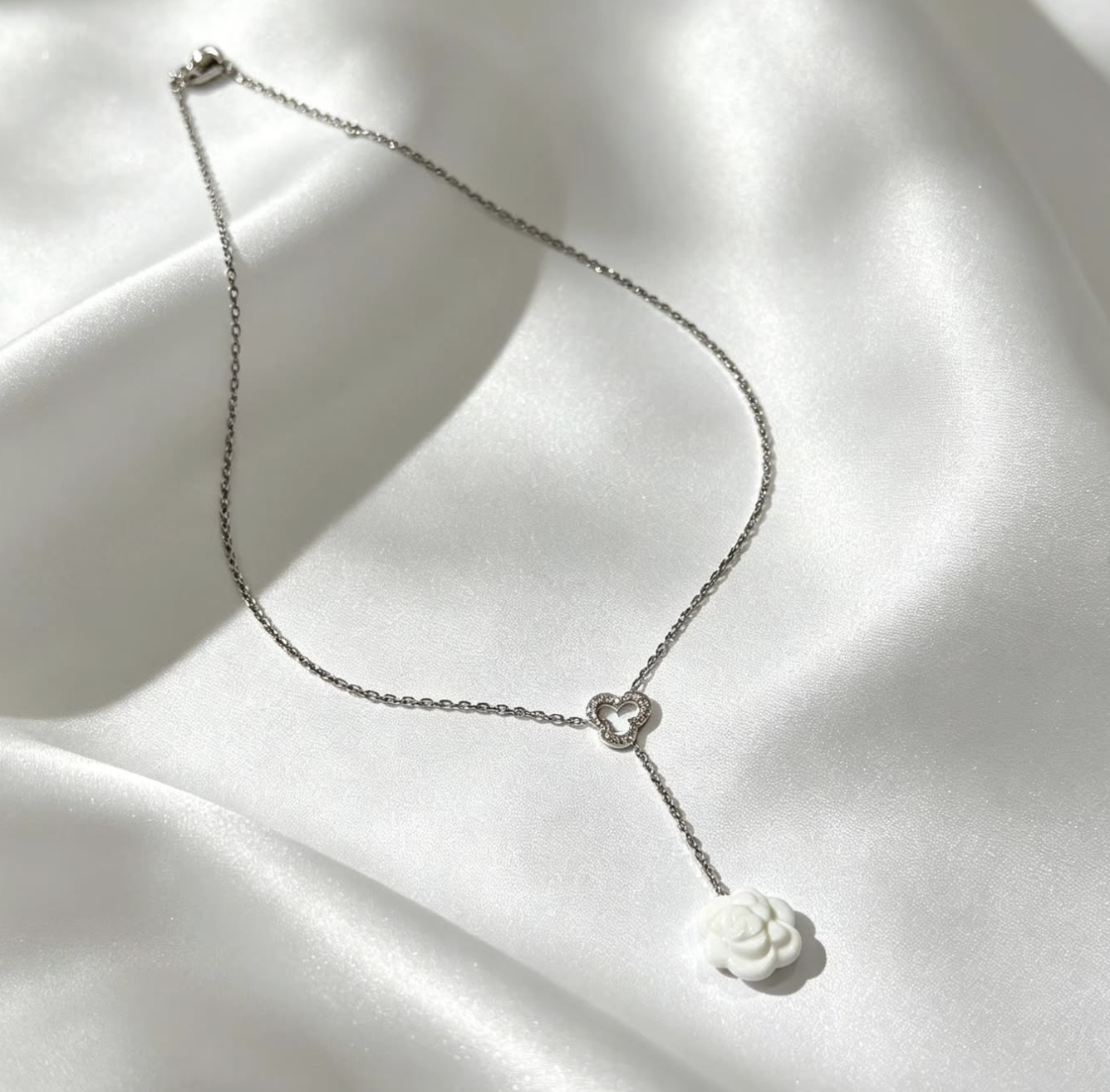 Chanel 18K white gold diamond camellia pendant