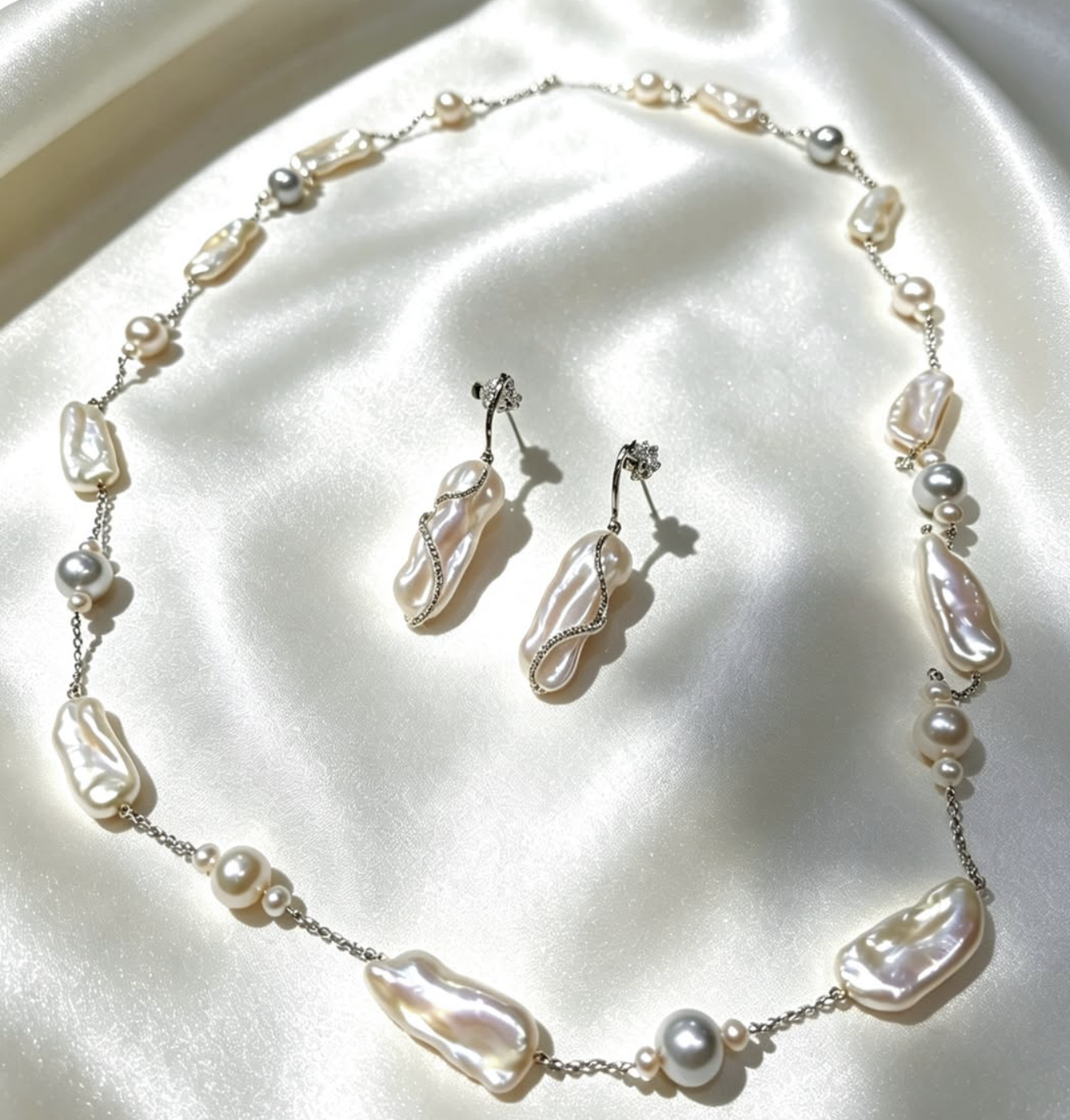 18K Platinum Pearl Necklace, 18K Platinum Diamond and Pearl Earrings d-0.34CT (Set)