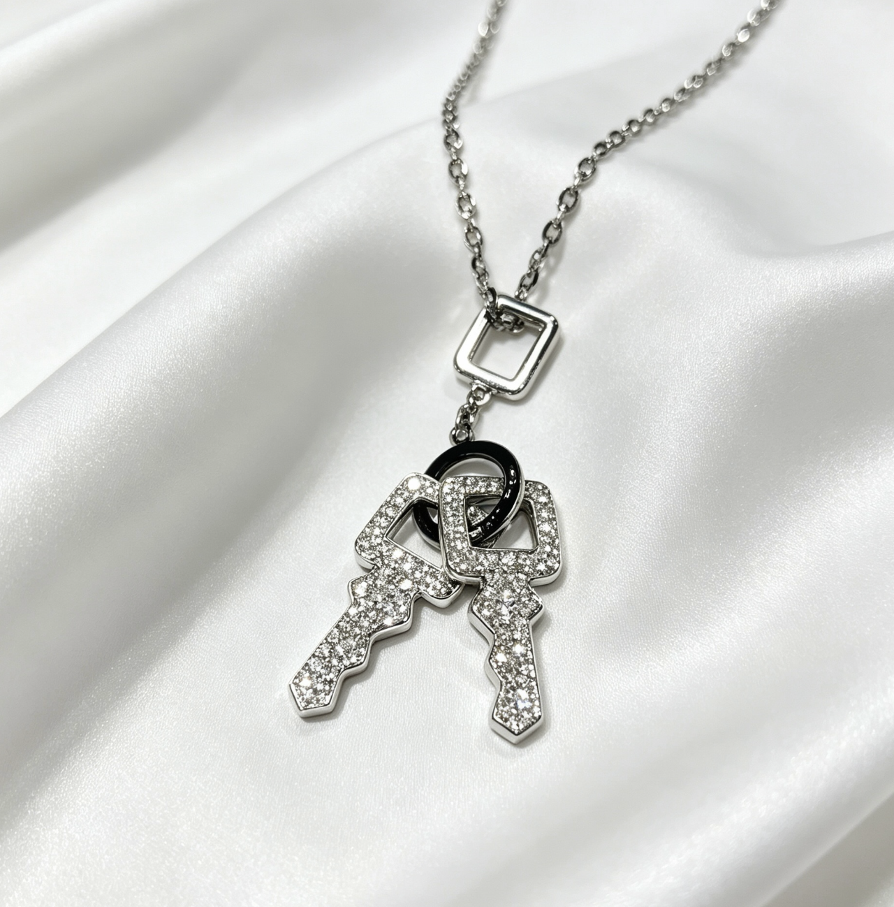 18K white gold diamond keys necklace, D-1.10CT