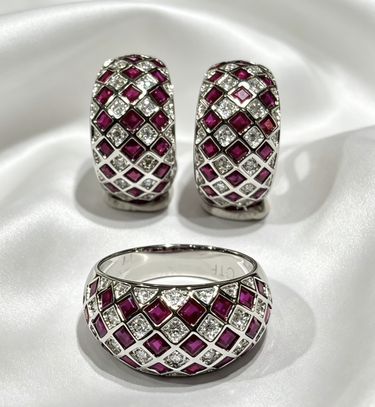 A pair of 18K white gold diamond and ruby ​​ring and earrings (CTF)
