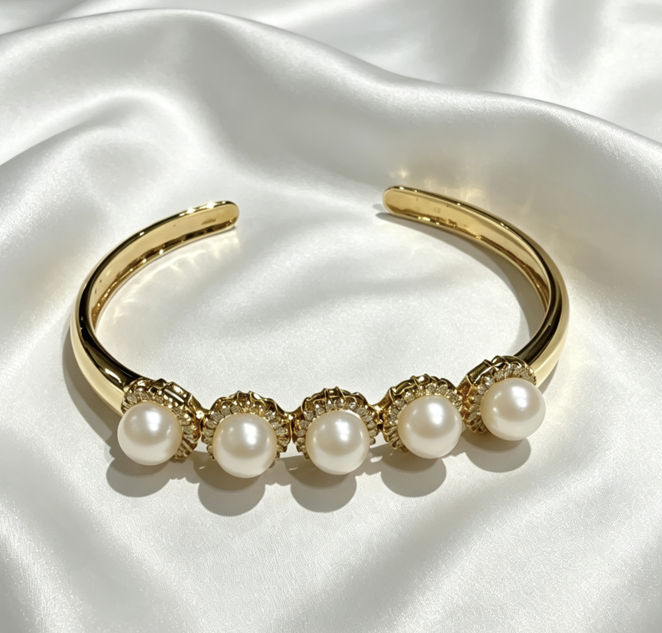 14K gold diamond pearl open bangle 100D