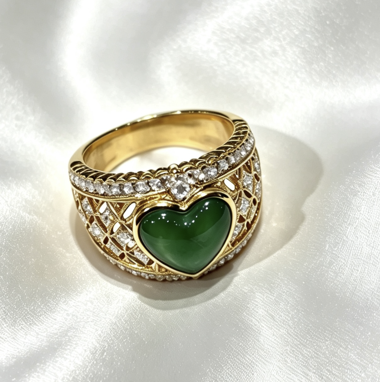 18K Gold Heart-Shaped Jadeite Diamond Ring 60D