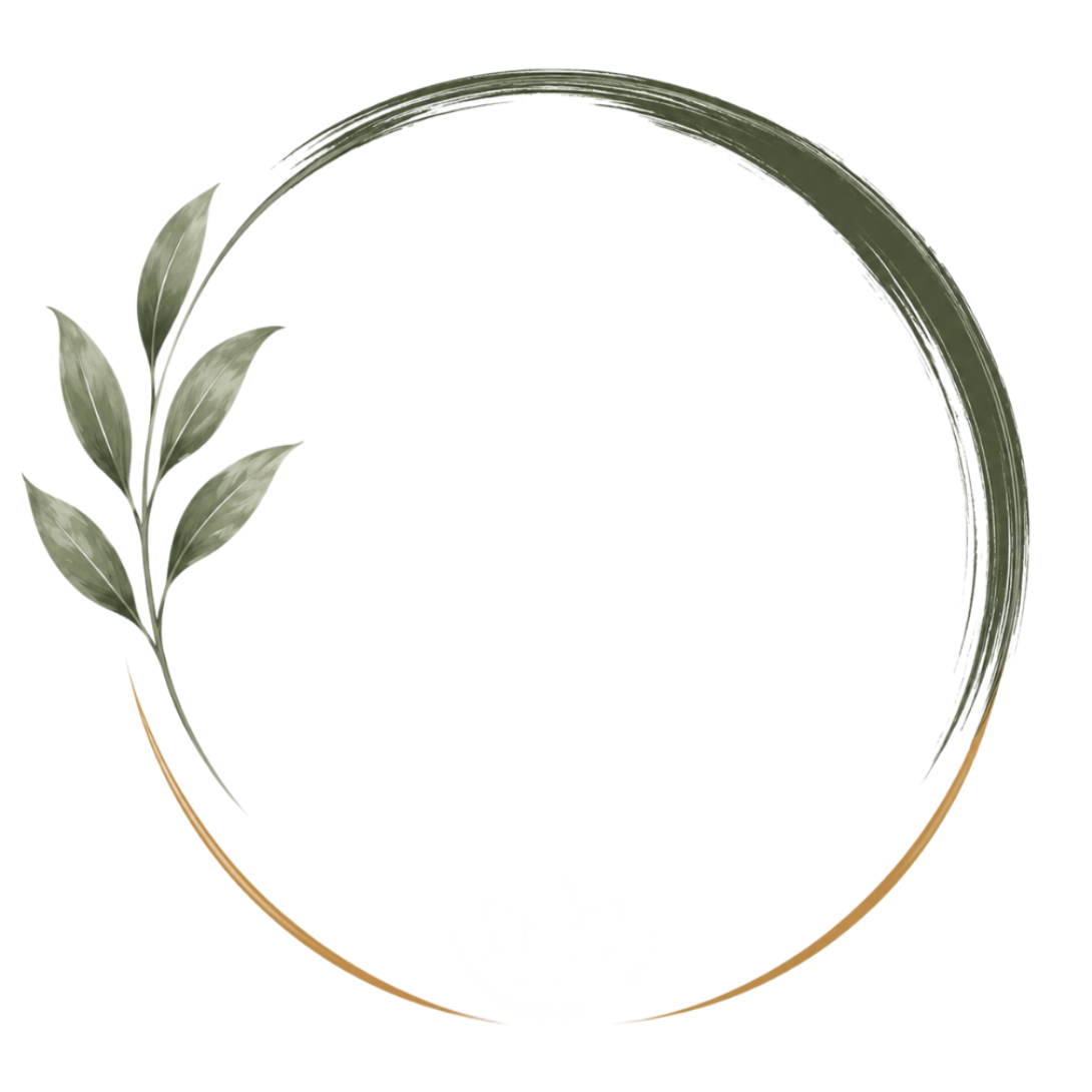 Decorative circular frame with a single sprig of green leaves on the left side, gold and dark green brushstroke border.