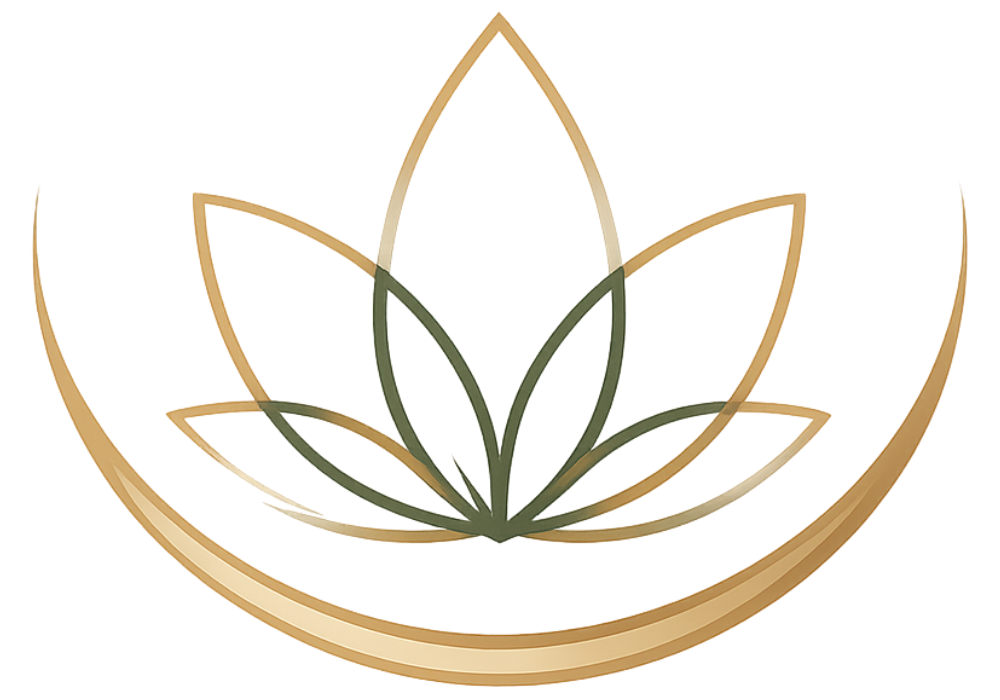 Stylized lotus flower with layered petals in shades of gold, purple, orange, green, and red.
