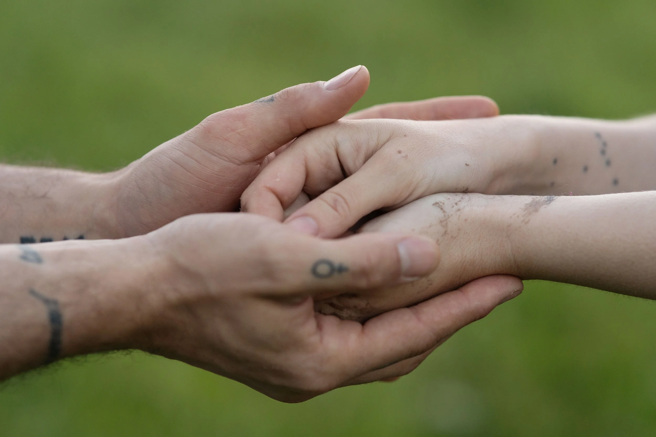 Two hands, one light-skinned and one darker-skinned, clasped together with intertwined fingers, set against a blurred green background.