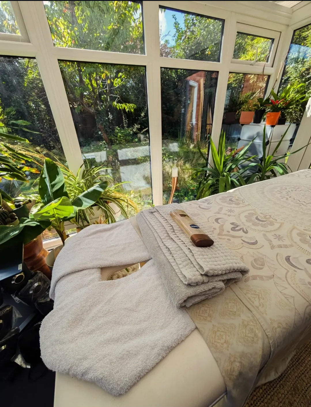 A sunlit room with a bed covered in a patterned beige and white bedspread and folded towels, with a white towel and a small bottle on top. Tall green plants are near a large window that overlooks a lush garden with trees and greenery outside.