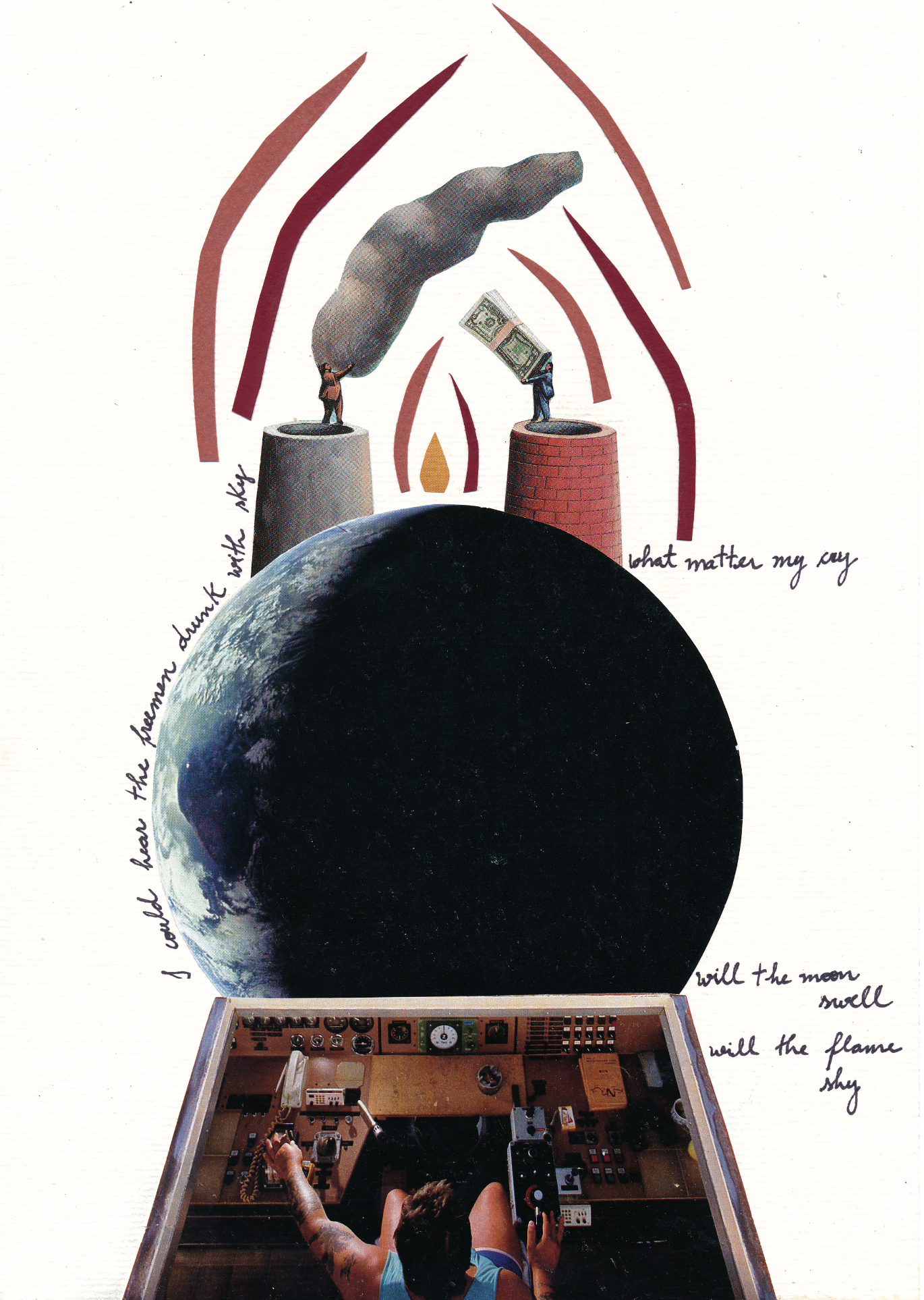 A collage with a spaceship cockpit at the bottom, a view of space with Earth in the foreground, and a stylized flame above Earth. Two small human figures are depicted, one on each side of the flame, appearing to hold up the flame with their hands. Th