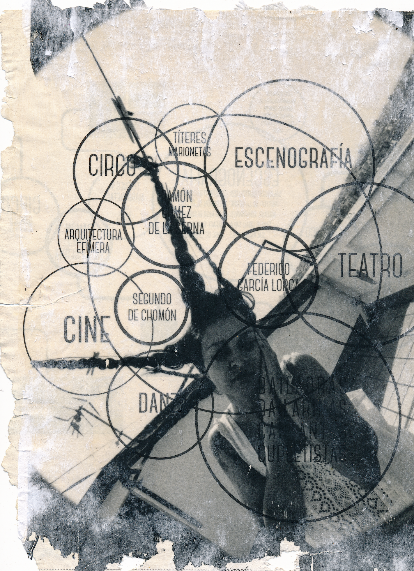 A black and white collage of overlapping circles with Spanish text related to theater, circus, dance, and architecture, overlaid on a textured, torn paper background with black paint splatters and streaks.