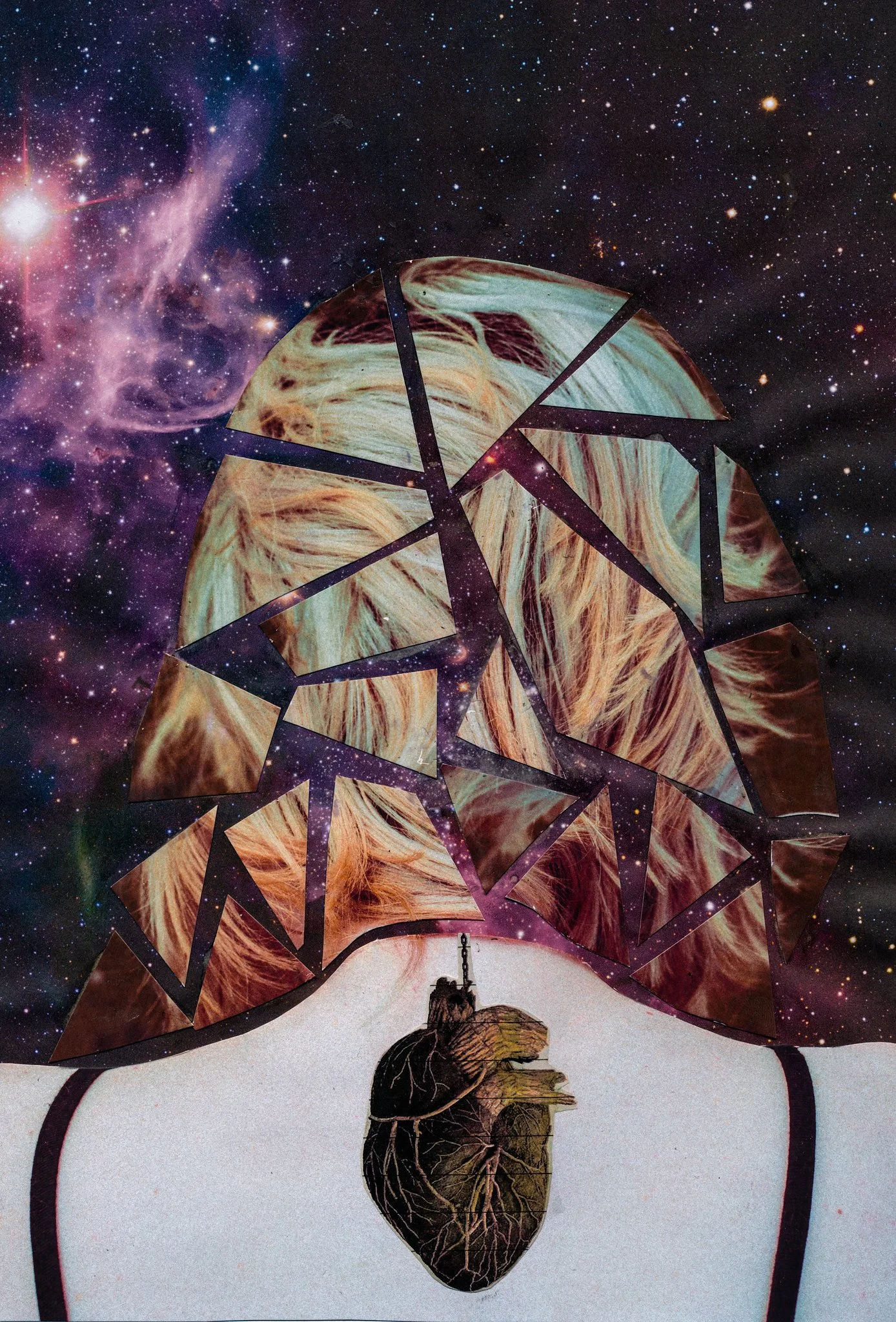 A collage combining a human heart, an astronaut figure, and space imagery, including stars and nebulae, with elements of a woman's face in the background.