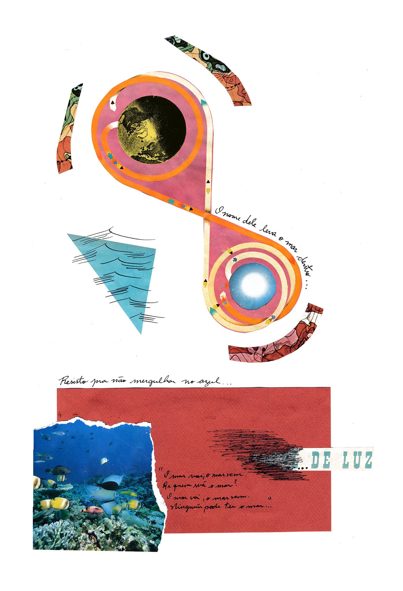 Collage of colorful images and Portuguese text, including planets, ocean, and underwater scene with fish.