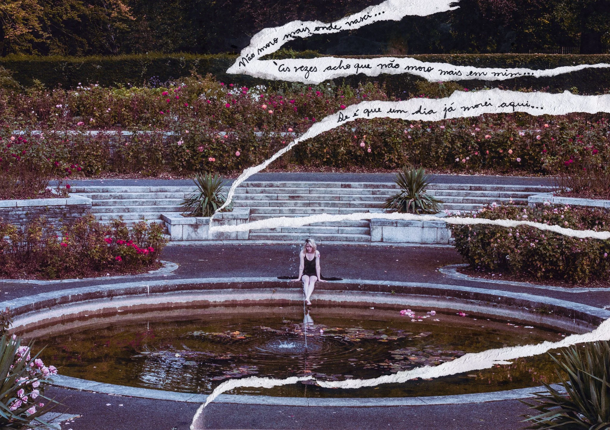 A person sitting on the edge of a fountain with a rose garden and shrubbery in the background, featuring a torn page with handwritten text in Portuguese overlaying the image.