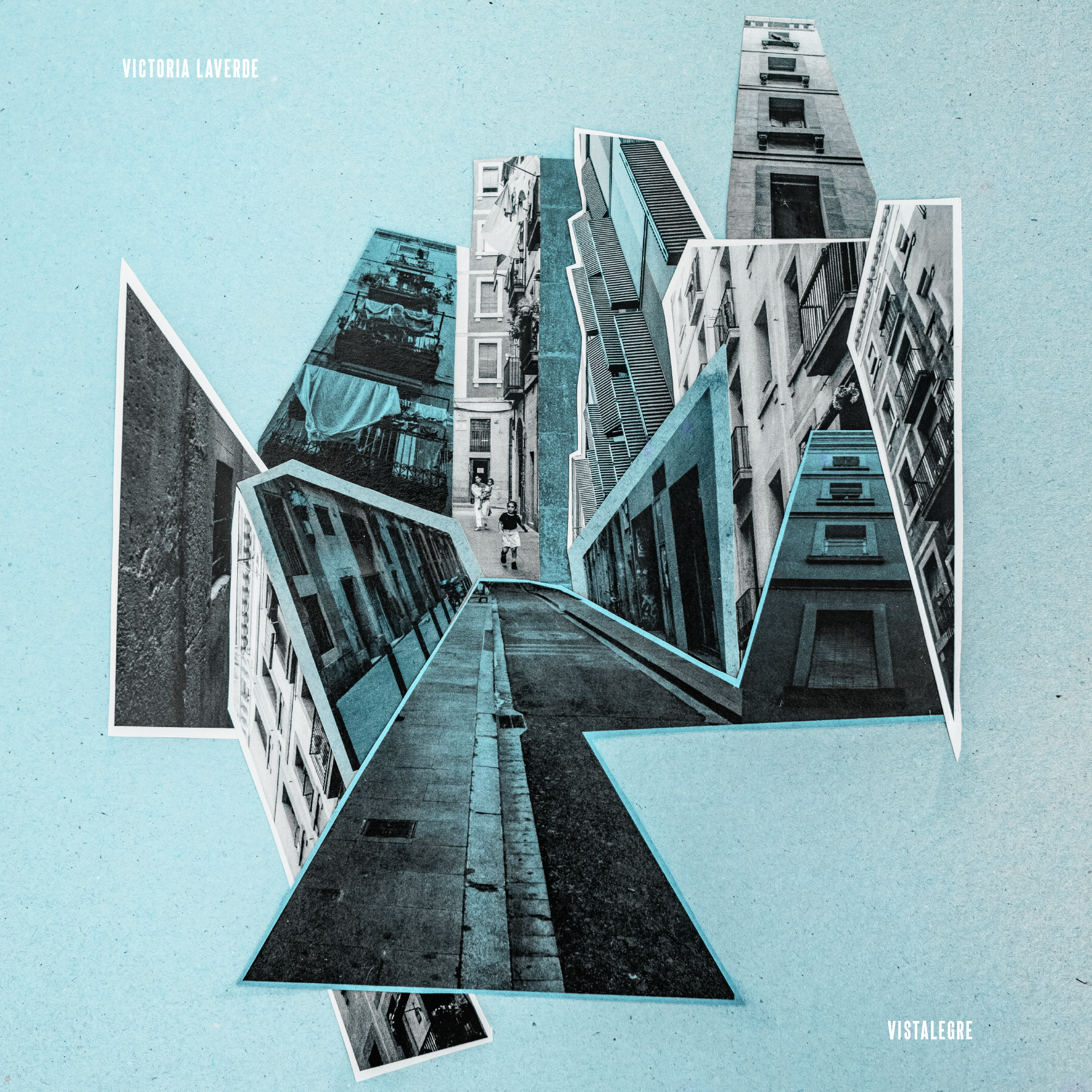 A collage of black and white photographs of urban buildings arranged in an abstract, layered pattern on a textured, pale blue background. The word 'VISTALEGRE' is in the lower right corner, and 'VICTORIA LAVERDE' is in the upper left corner.